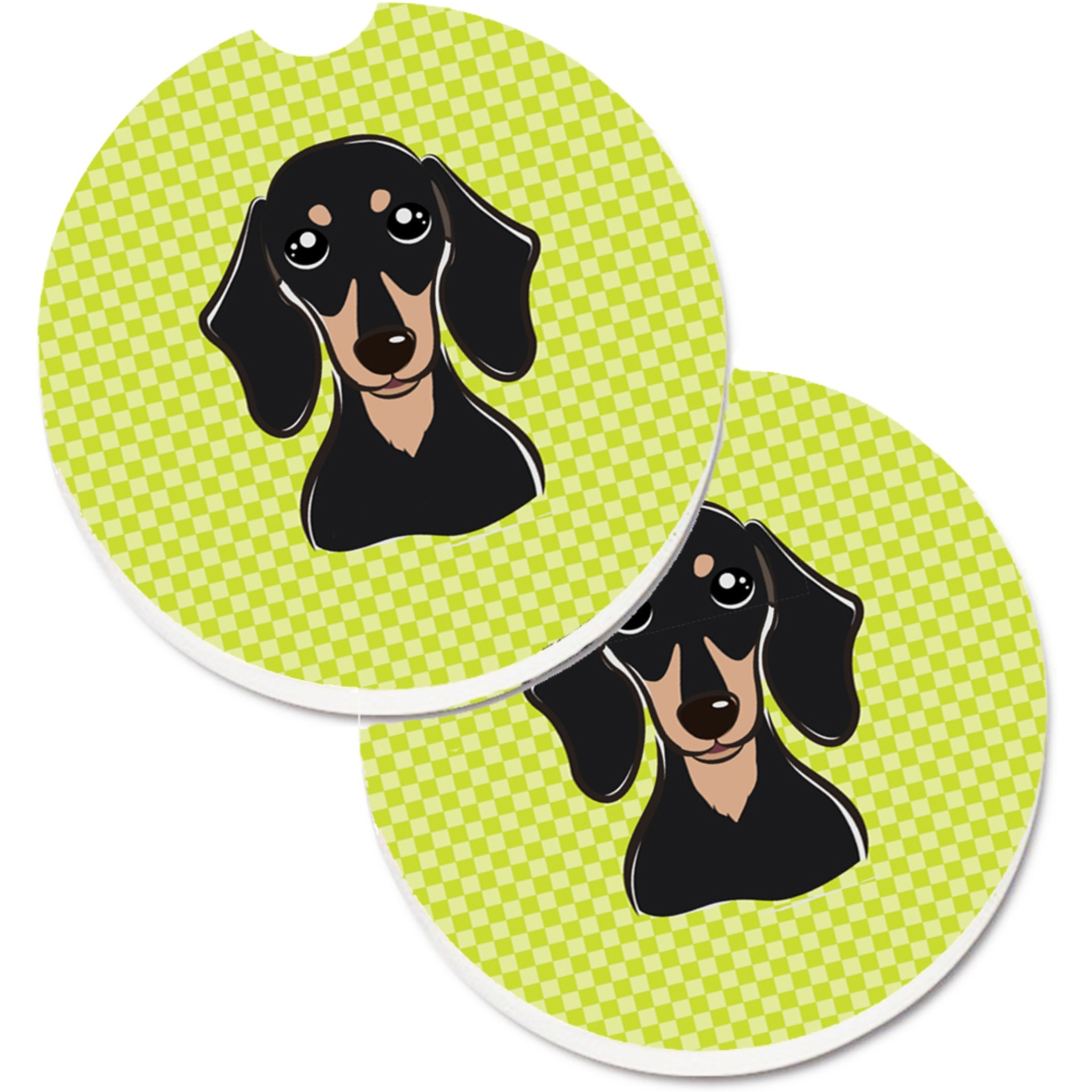 &quotCaroline's Treasures Checkerboard Lime green Smooth black & Tan Dachshund Set of 2 Cup Holder Car Coasters BB1277CARC, 2.56, Multicolor"