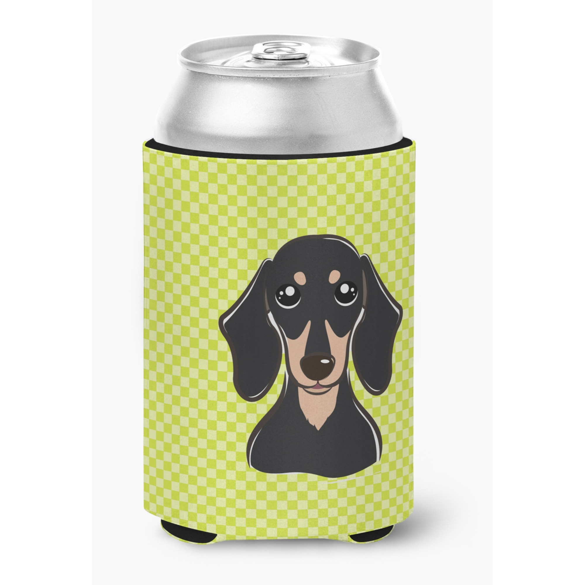 Checkerboard Lime Green Smooth Black and Tan Dachshund Can or Bottle Hugger BB1277CC