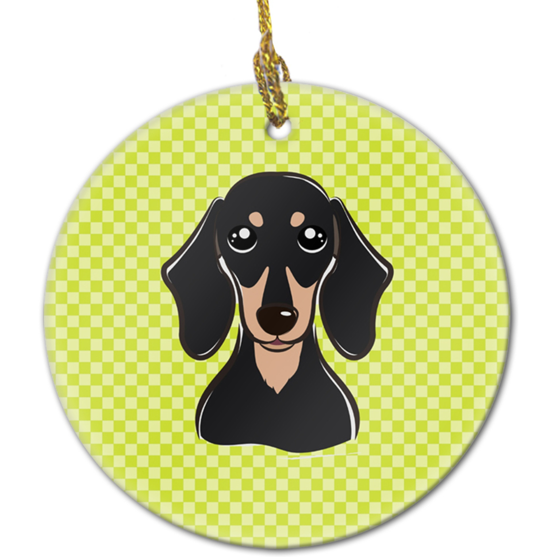 Checkerboard Lime Green Smooth Black and Tan Dachshund Ceramic Ornament BB1277CO1