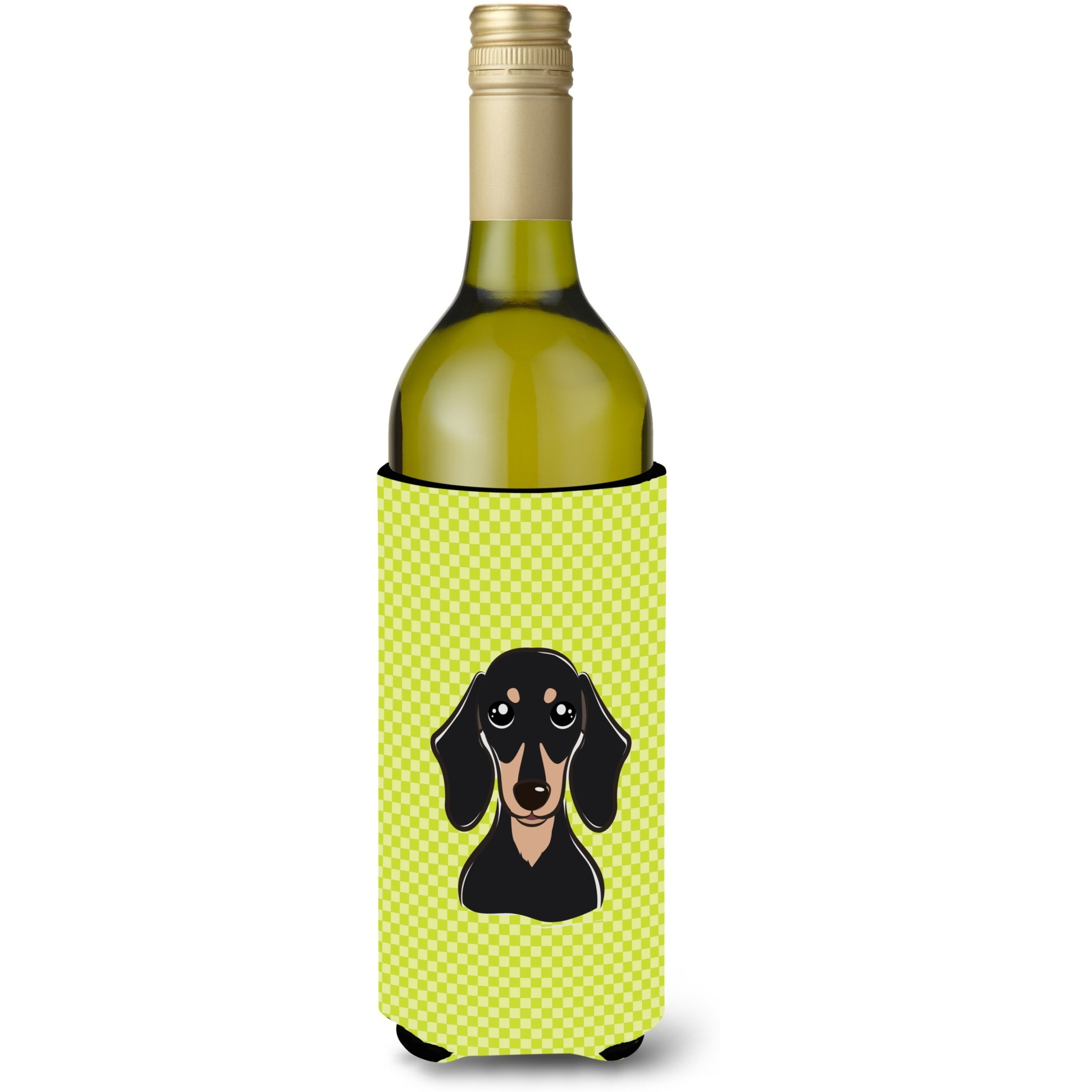 Checkerboard Lime Green Smooth Black Tan Dachshund Wine Bottle Beverage Insulator Hugger