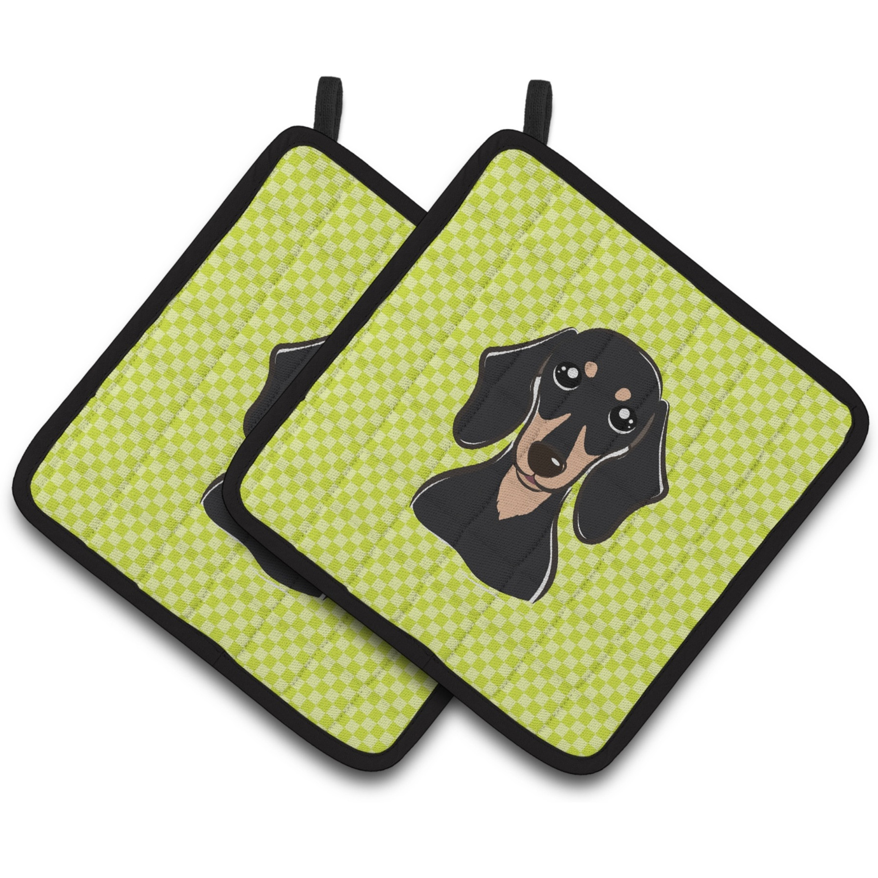 &quotCaroline's Treasures Checkerboard Lime green Smooth black & Tan Dachshund Pair of Pot Holders BB1277PTHD, 7.5HX7.5W, Multicolor"