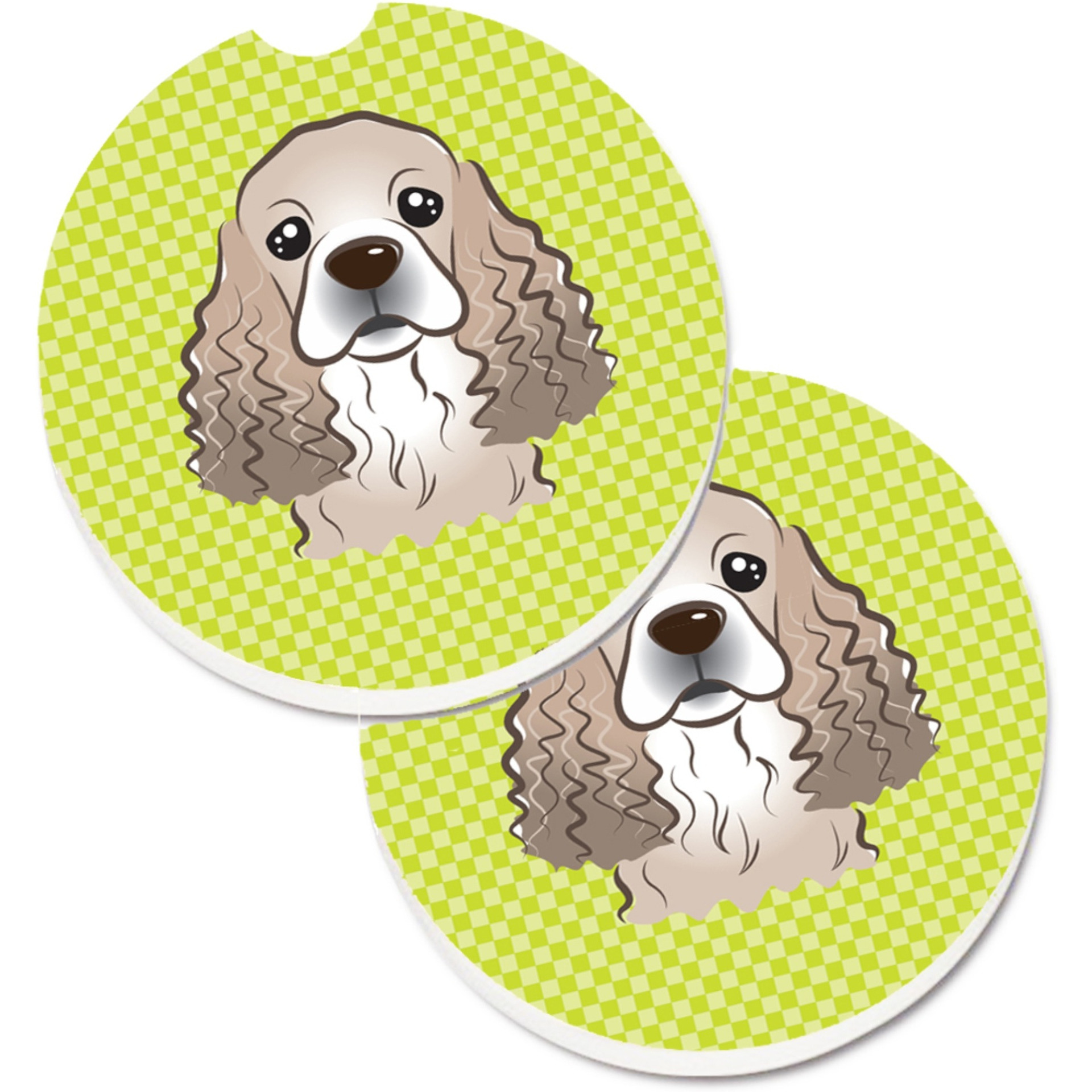 &quotCaroline's Treasures Checkerboard Lime green Cocker Spaniel Set of 2 Cup Holder Car Coasters BB1278CARC, 2.56, Multicolor"