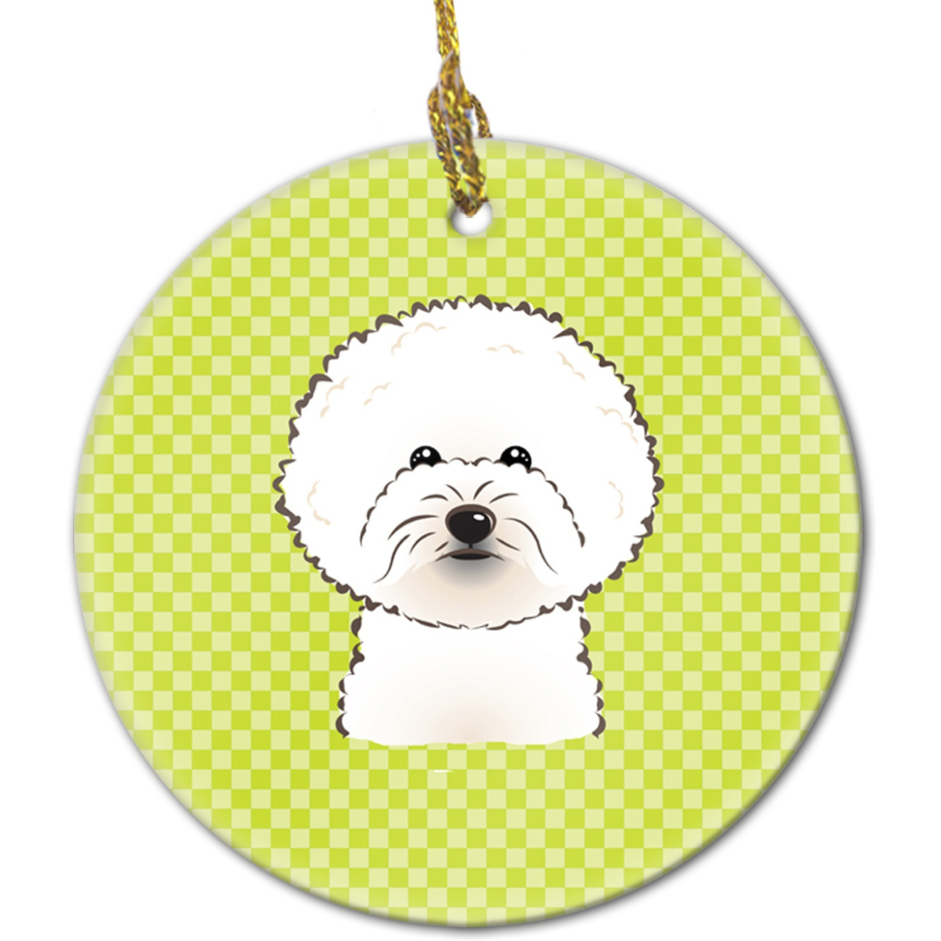 Checkerboard Lime Green Bichon Frise Ceramic Ornament BB1279CO1