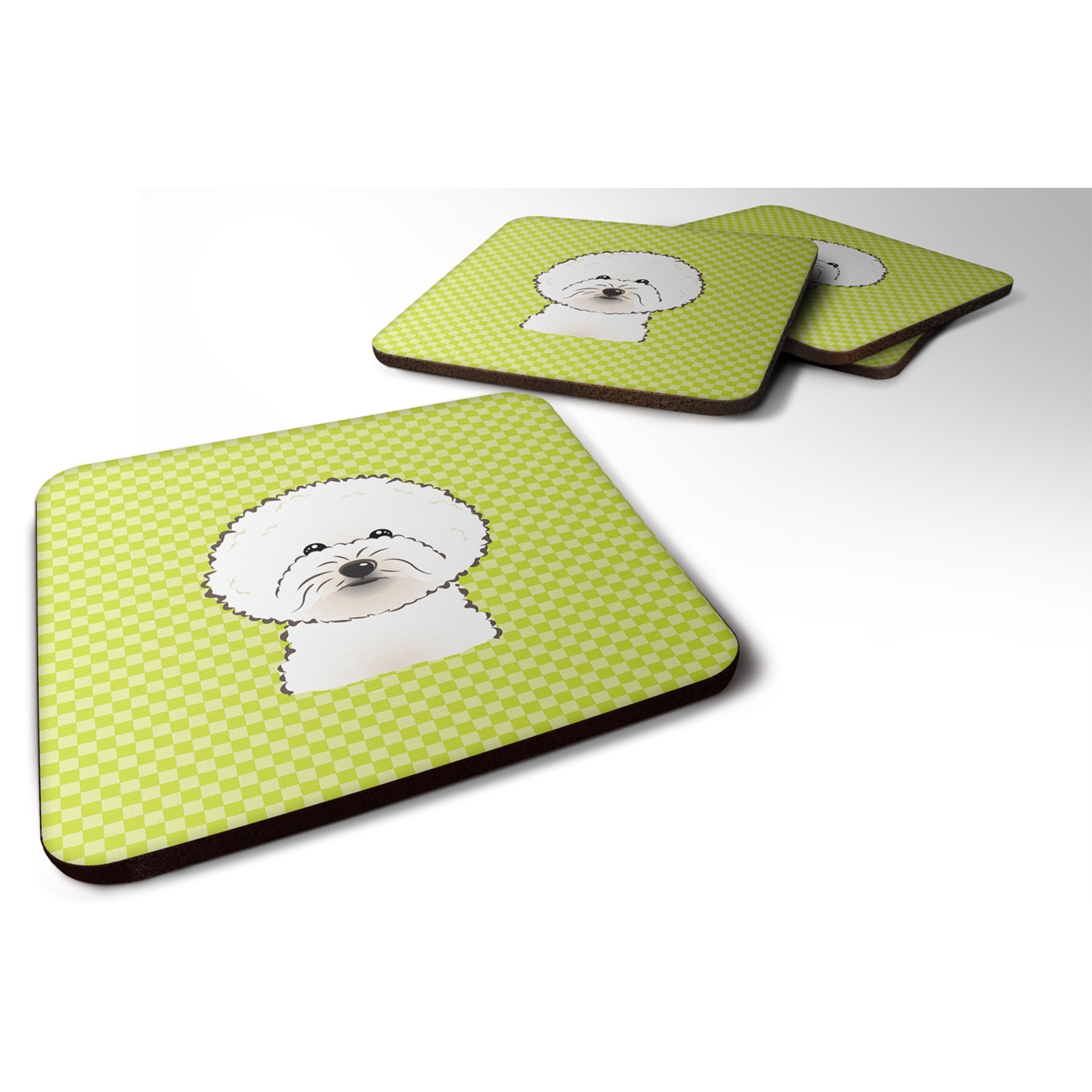 &quotCaroline's Treasures BB1279FC Checkerboard Lime Green Bichon Frise Foam Coaster (Set of 4), 3.5"" H x 3.5"" W, Multicolor"