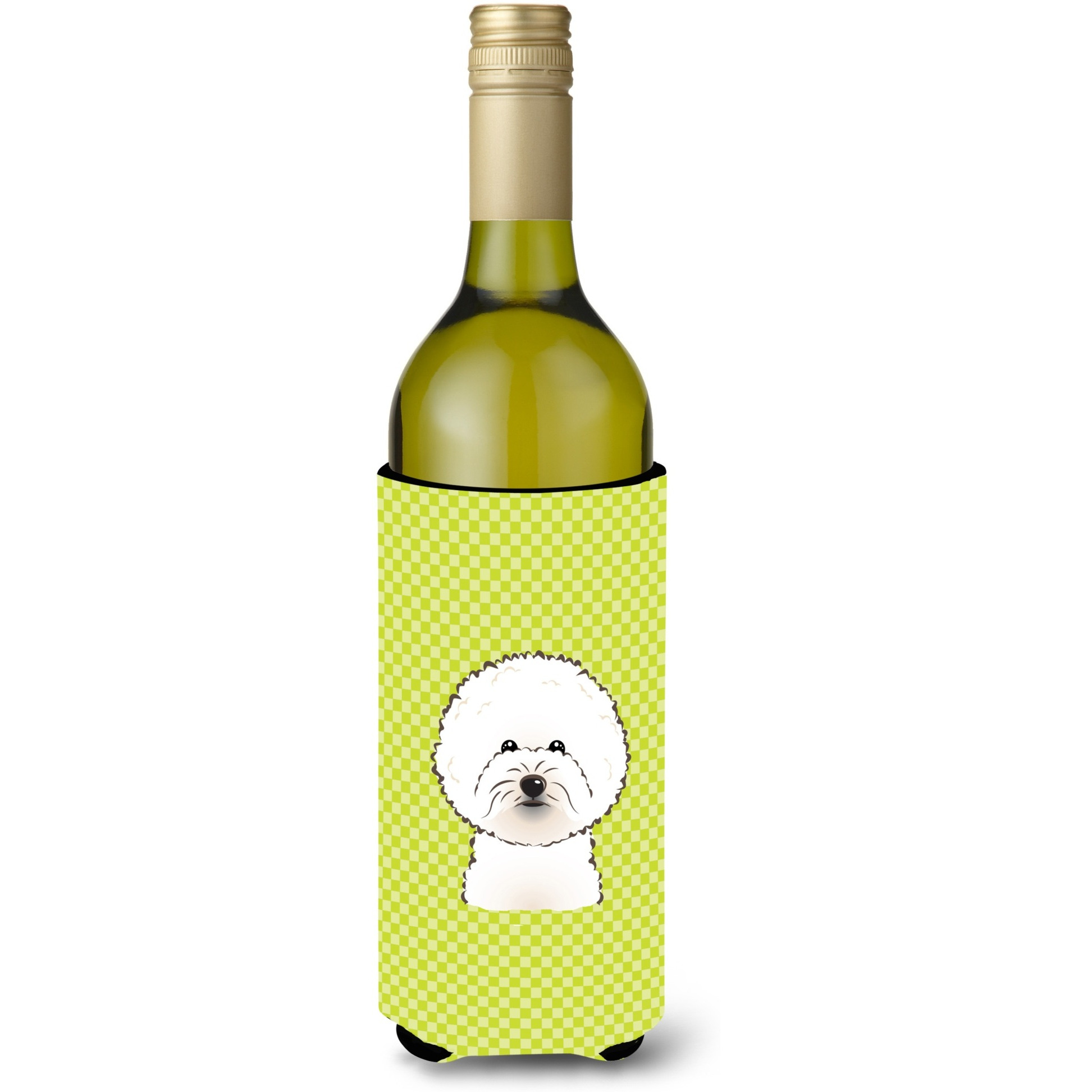 Checkerboard Lime Green Bichon Frise Wine Bottle Beverage Insulator Hugger BB1279LITERK