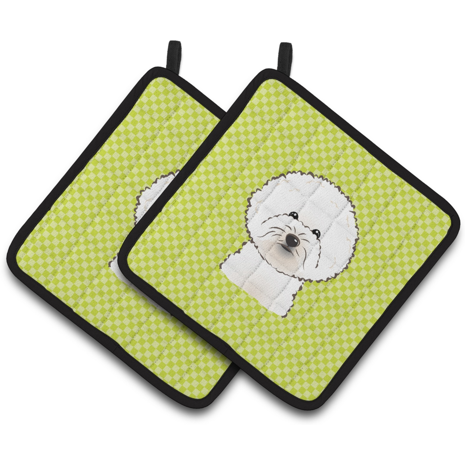 &quotCaroline's Treasures Checkerboard Lime green Bichon Frise Pair of Pot Holders BB1279PTHD, 7.5HX7.5W, Multicolor"