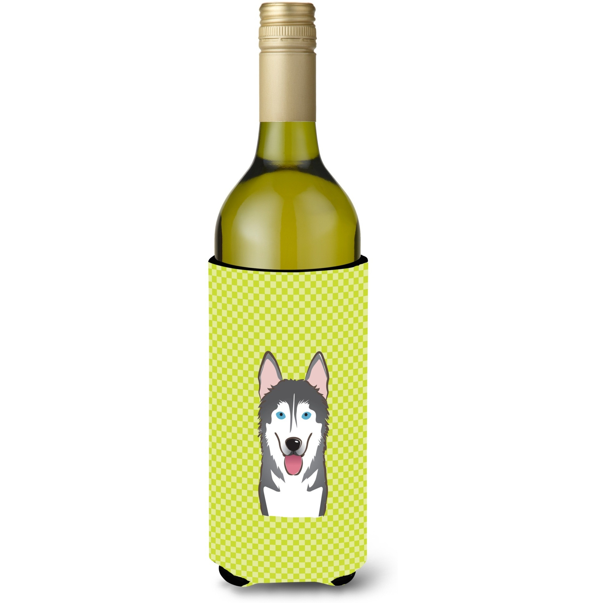 Checkerboard Lime Green Alaskan Malamute Wine Bottle Beverage Insulator Hugger BB1280LITERK