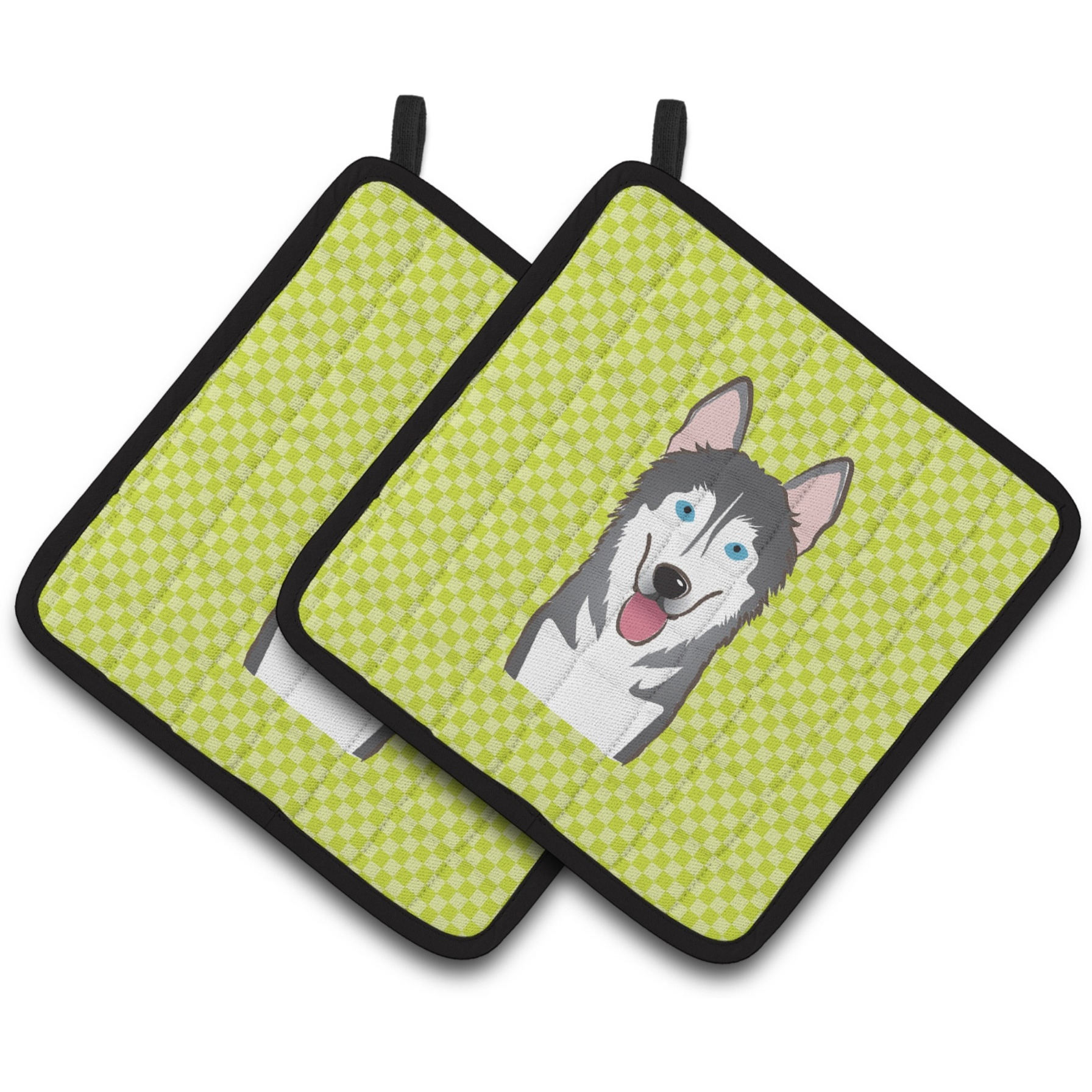 &quotCaroline's Treasures Checkerboard Lime green Alaskan Malamute Pair of Pot Holders BB1280PTHD, 7.5HX7.5W, Multicolor"