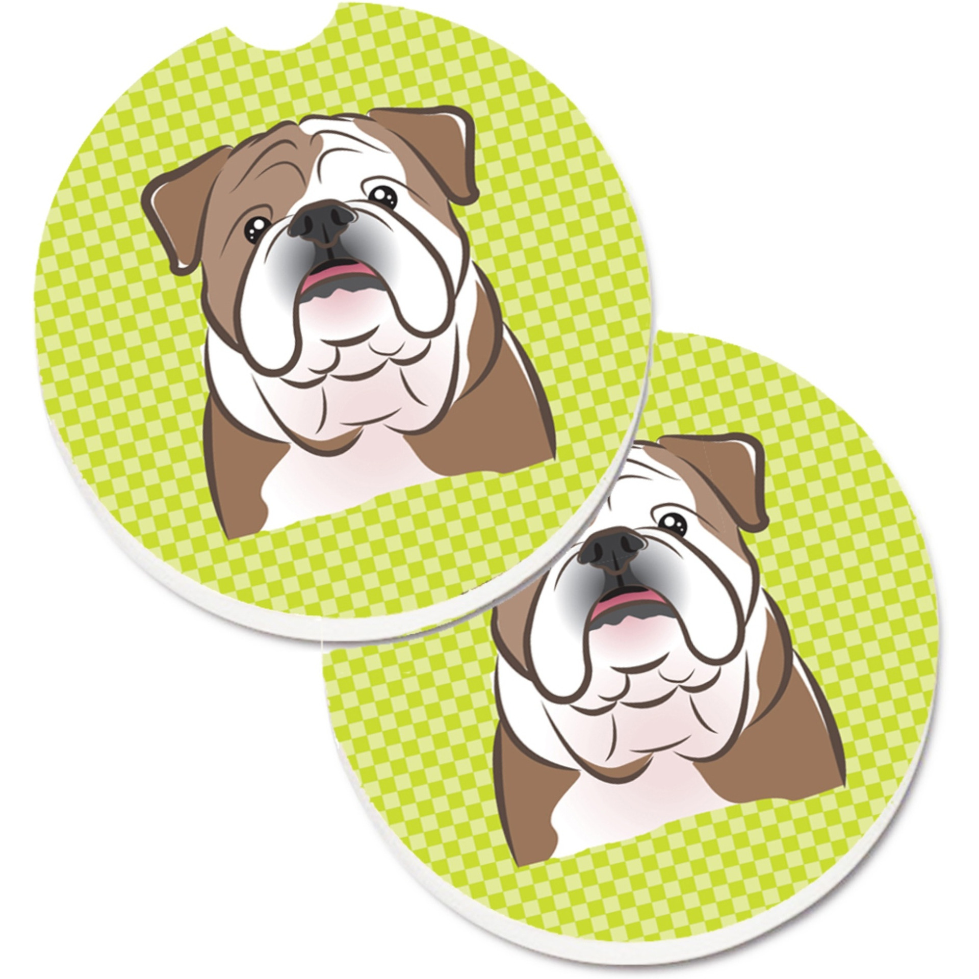 &quotCaroline's Treasures Checkerboard Lime green English Bulldog Set of 2 Cup Holder Car Coasters BB1281CARC, 2.56, Multicolor"