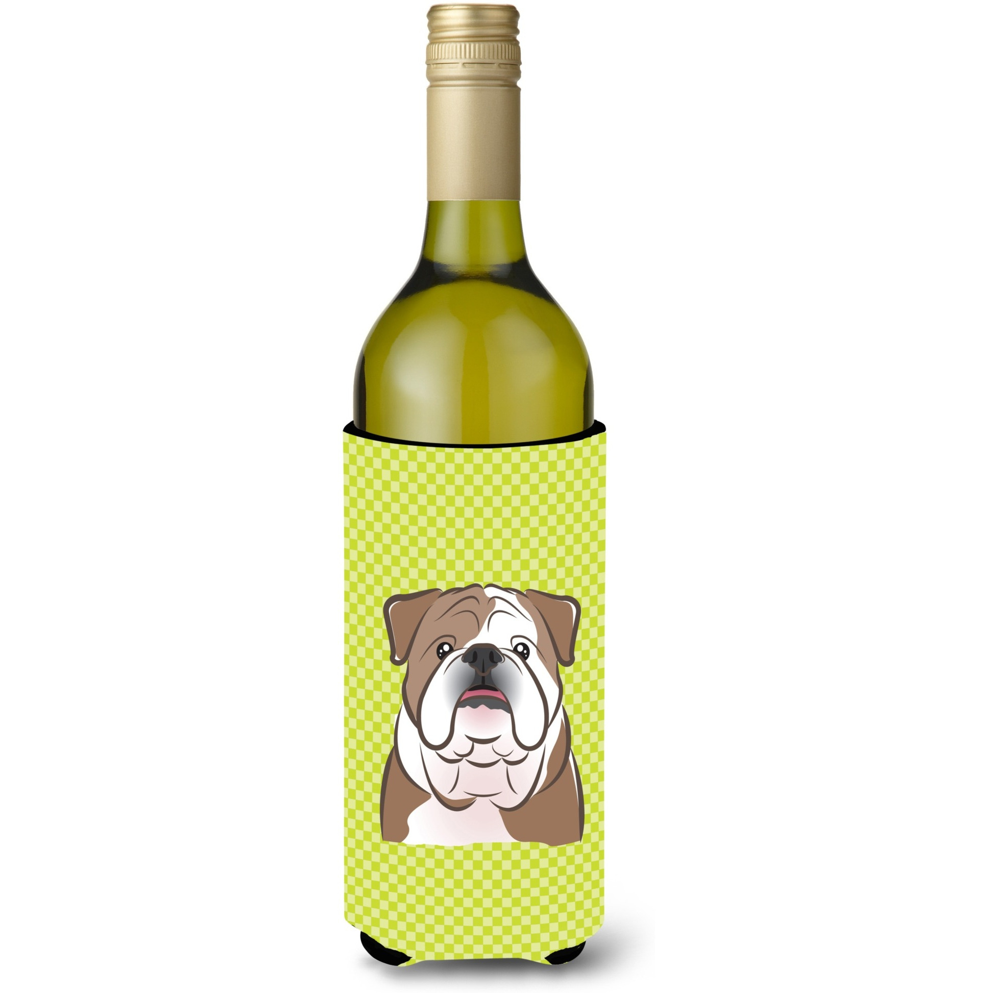 Checkerboard Lime Green English Bulldog  Wine Bottle Beverage Insulator Hugger BB1281LITERK
