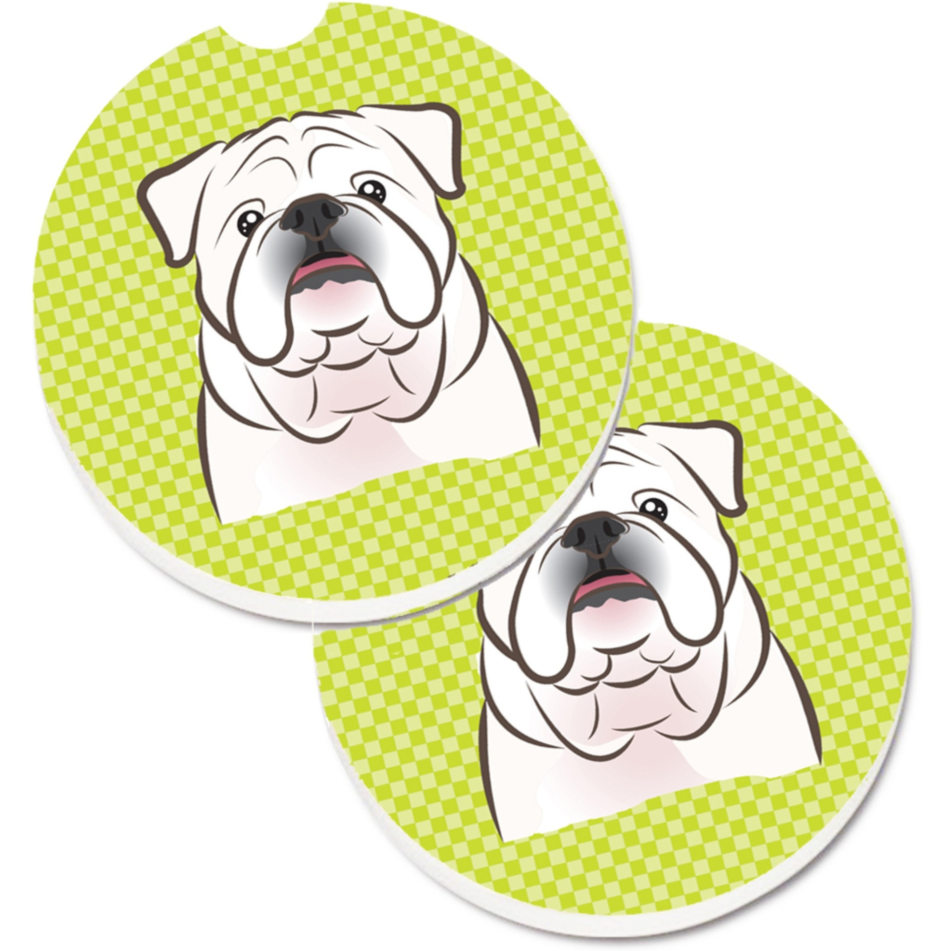 &quotCaroline's Treasures Checkerboard Lime green White English Bulldog Set of 2 Cup Holder Car Coasters BB1282CARC, 2.56, Multicolor"