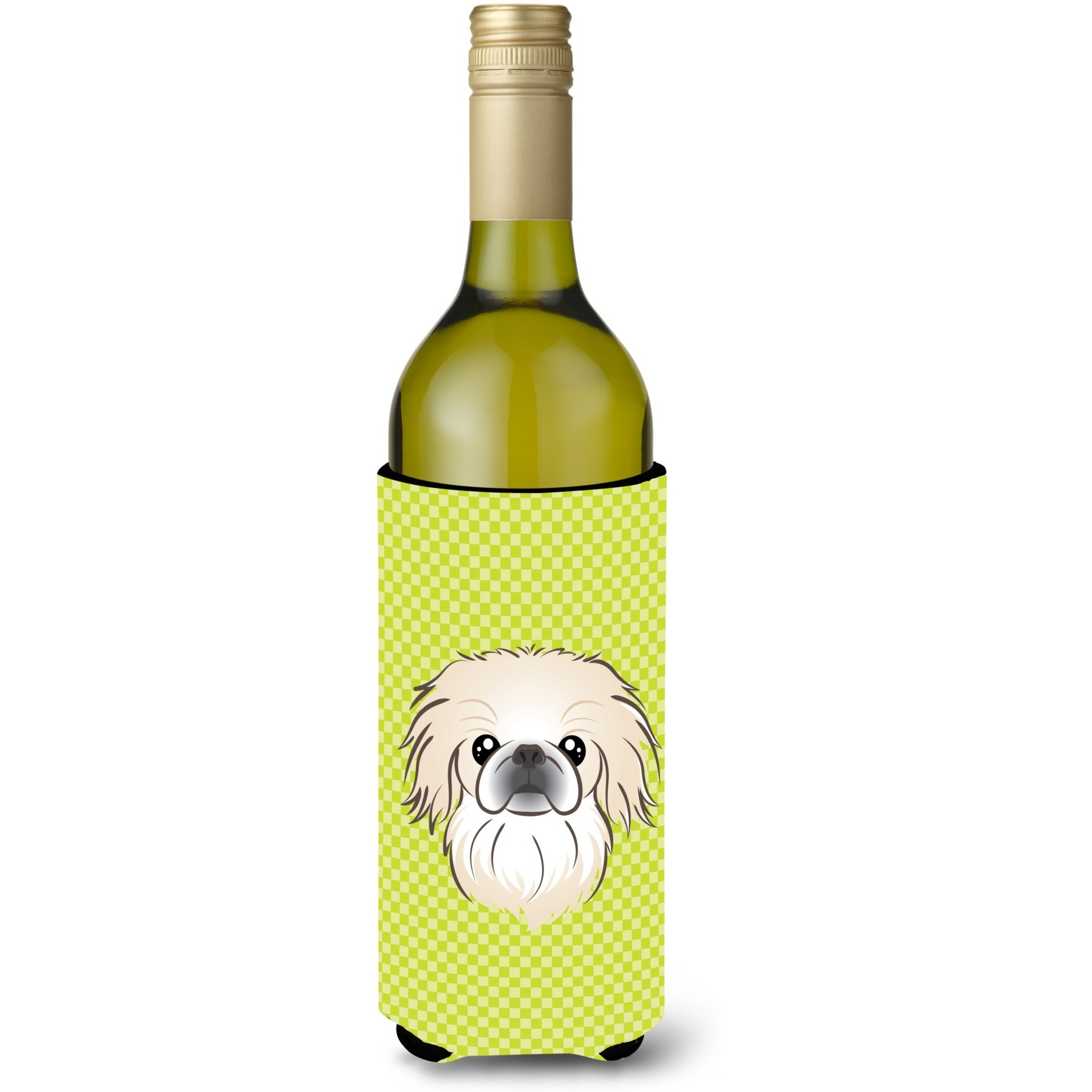 Checkerboard Lime Green Pekingese Wine Bottle Beverage Insulator Hugger BB1283LITERK