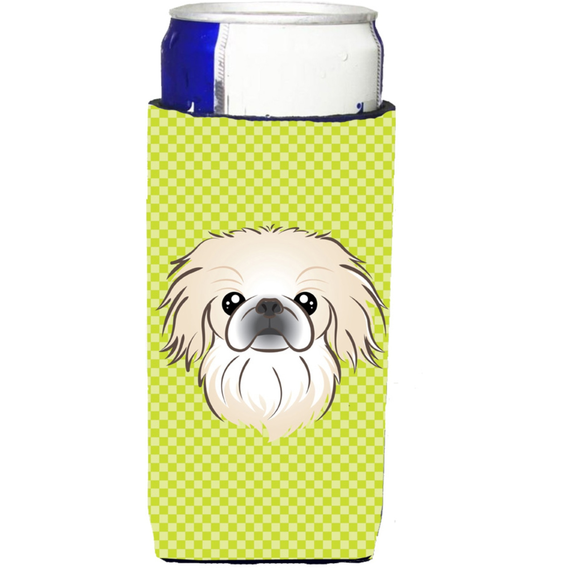 Checkerboard Lime Green Pekingese Ultra Beverage Insulators for slim cans BB1283MUK
