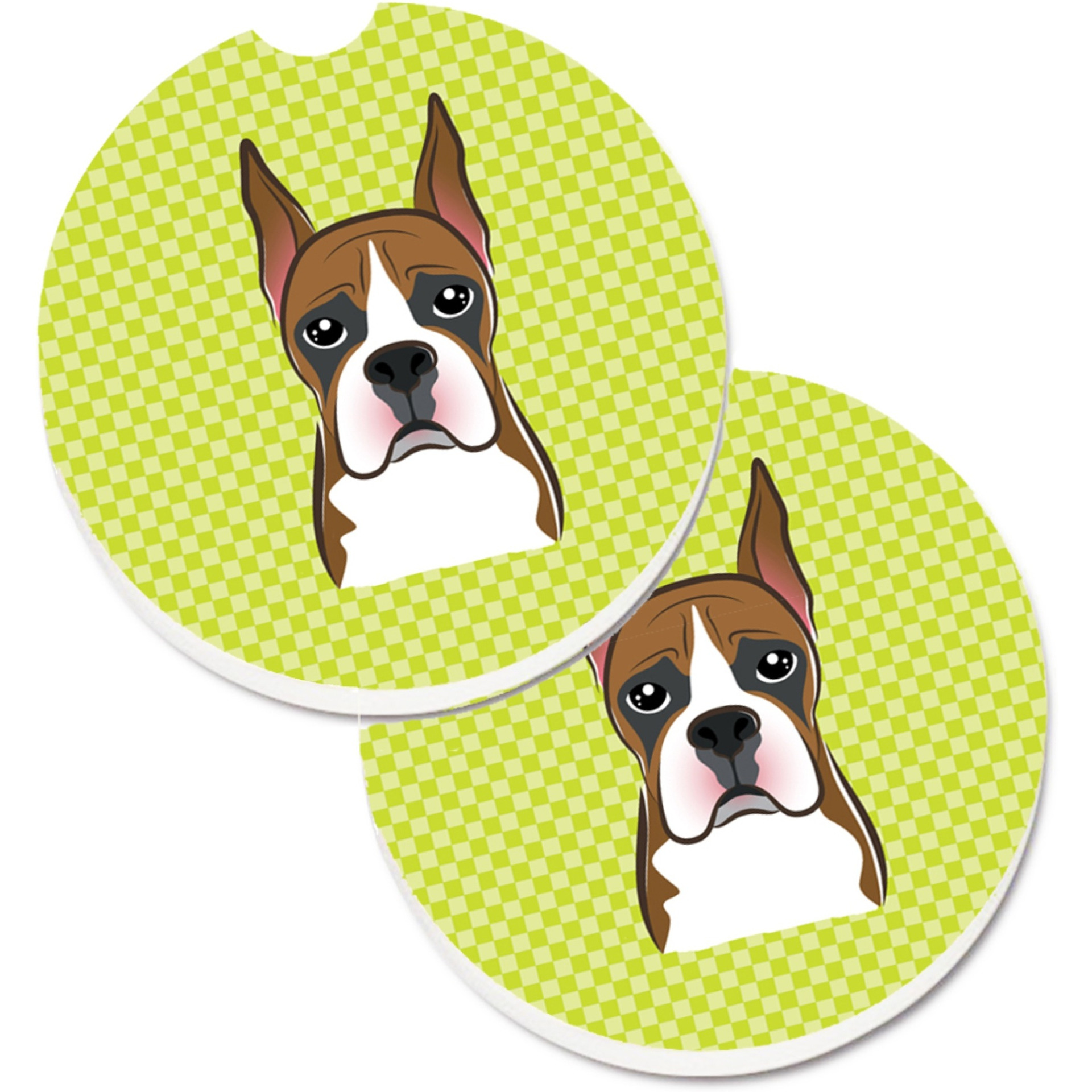 &quotCaroline's Treasures Checkerboard Lime green Boxer Set of 2 Cup Holder Car Coasters BB1285CARC, 2.56, Multicolor"