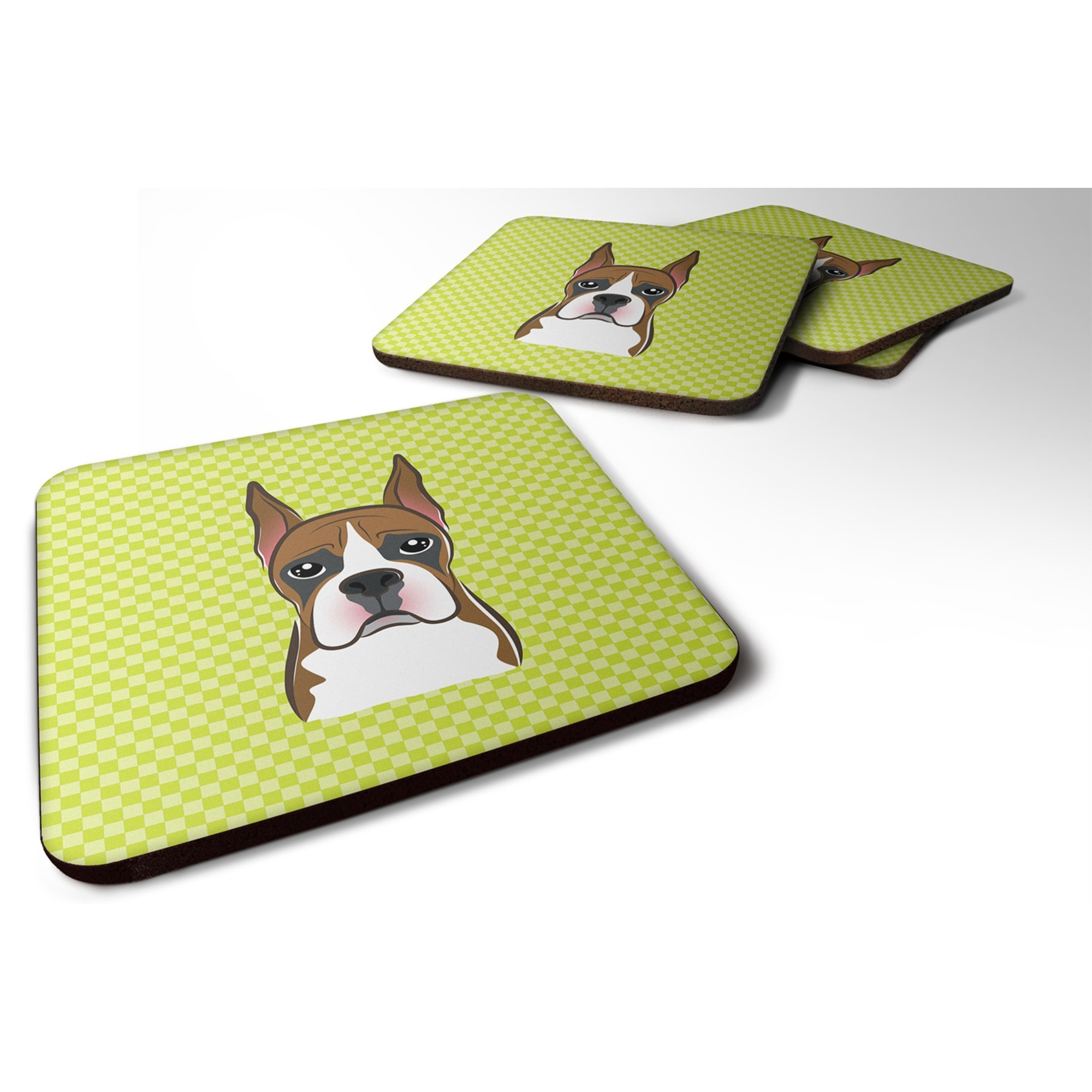 &quotCaroline's Treasures BB1285FC Checkerboard Lime Green Boxer Foam Coaster (Set of 4), 3.5"" H x 3.5"" W, Multicolor"