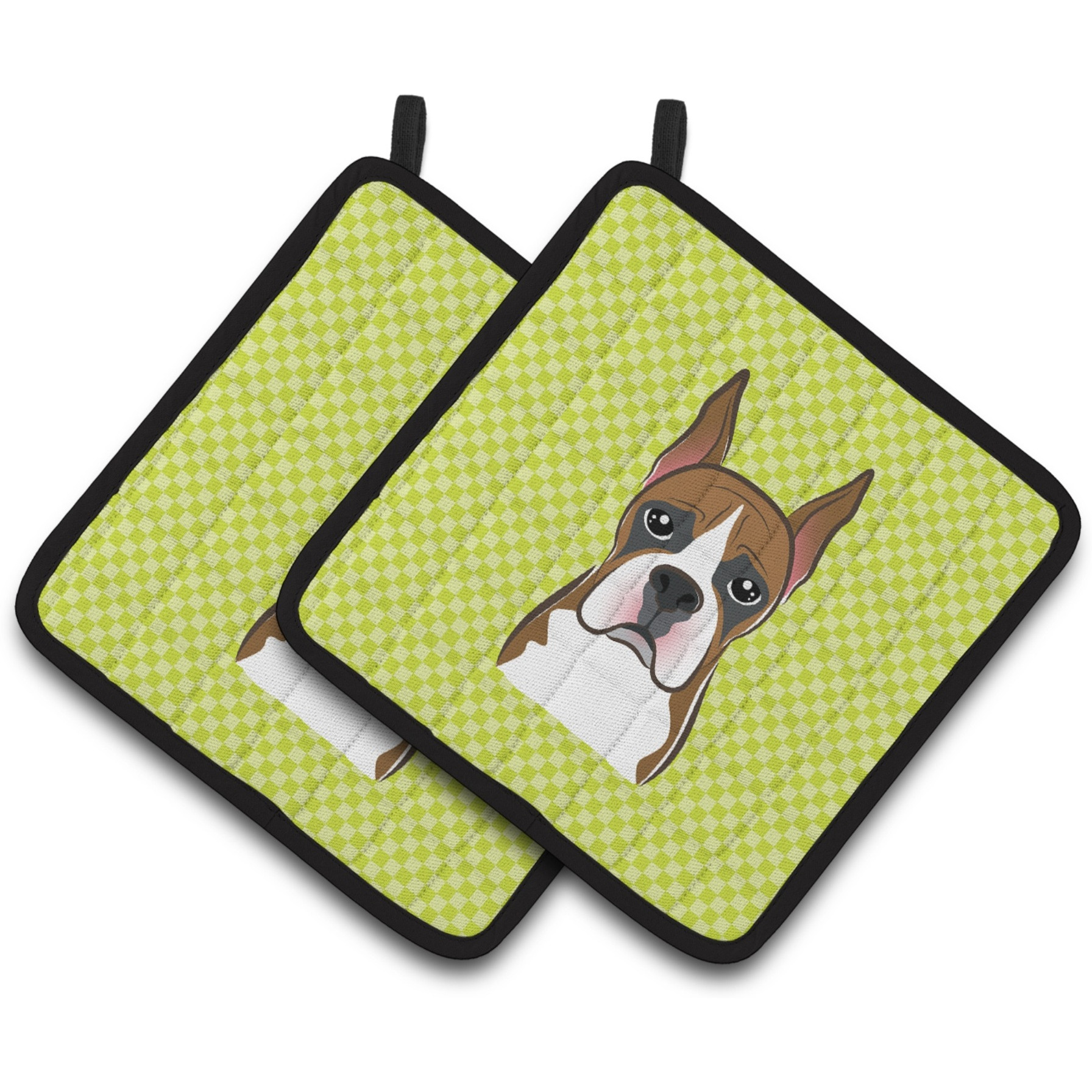 &quotCaroline's Treasures Checkerboard Lime green Boxer Pair of Pot Holders BB1285PTHD, 7.5HX7.5W, Multicolor"