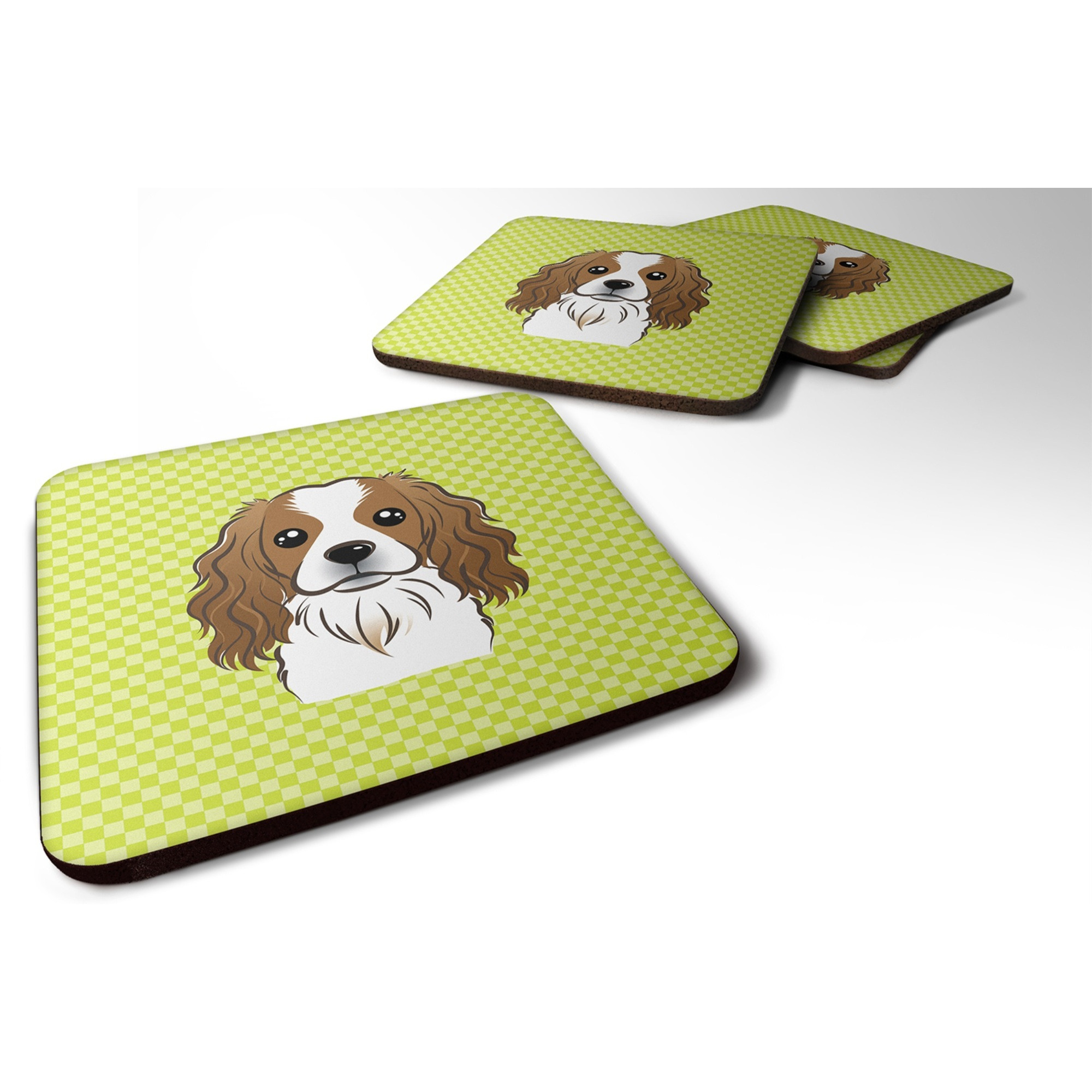 &quotCaroline's Treasures BB1286FC Checkerboard Lime Green Cavalier Spaniel Foam Coaster (Set of 4), 3.5"" H x 3.5"" W, Multicolor"