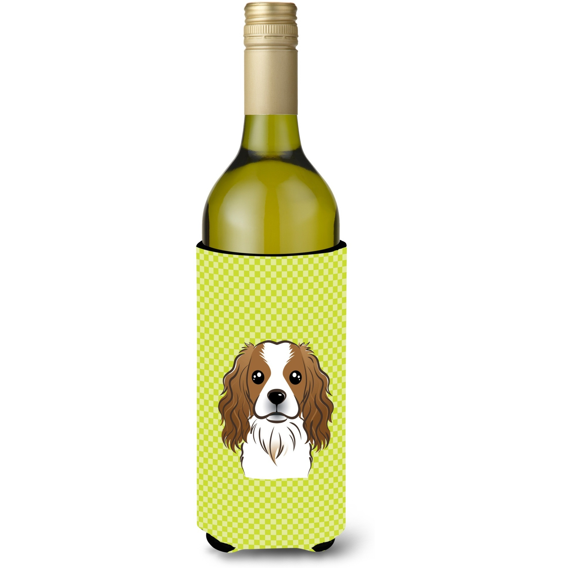 Checkerboard Lime Green Cavalier Spaniel Wine Bottle Beverage Insulator Hugger BB1286LITERK