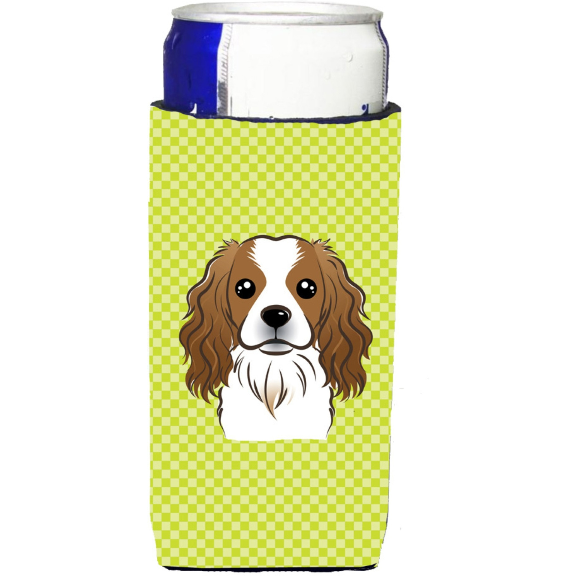 Checkerboard Lime Green Cavalier Spaniel Ultra Beverage Insulators for slim cans