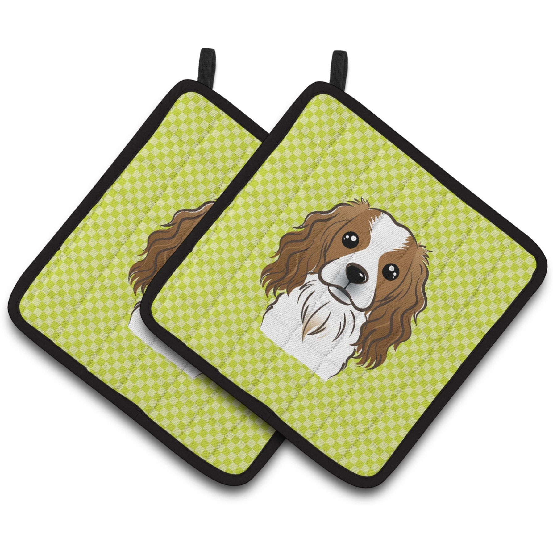 &quotCaroline's Treasures Checkerboard Lime green Cavalier Spaniel Pair of Pot Holders BB1286PTHD, 7.5HX7.5W, Multicolor"