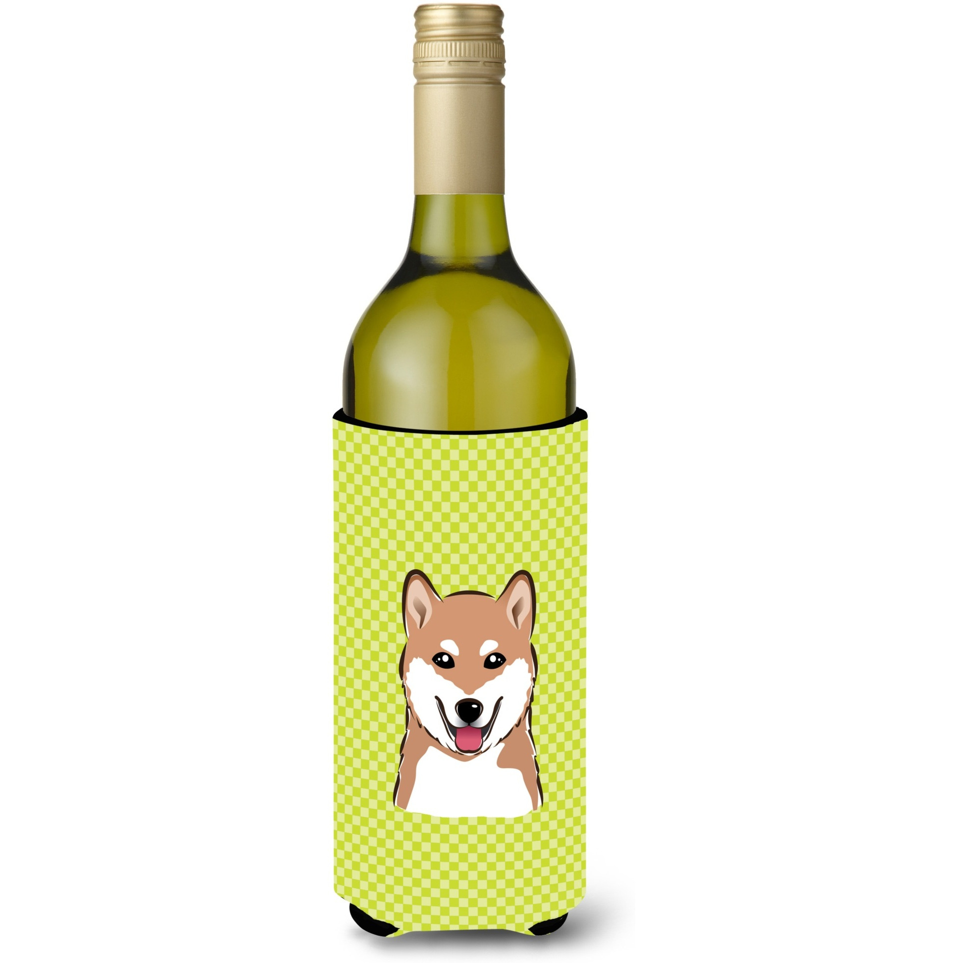 Checkerboard Lime Green Shiba Inu Wine Bottle Beverage Insulator Hugger BB1287LITERK