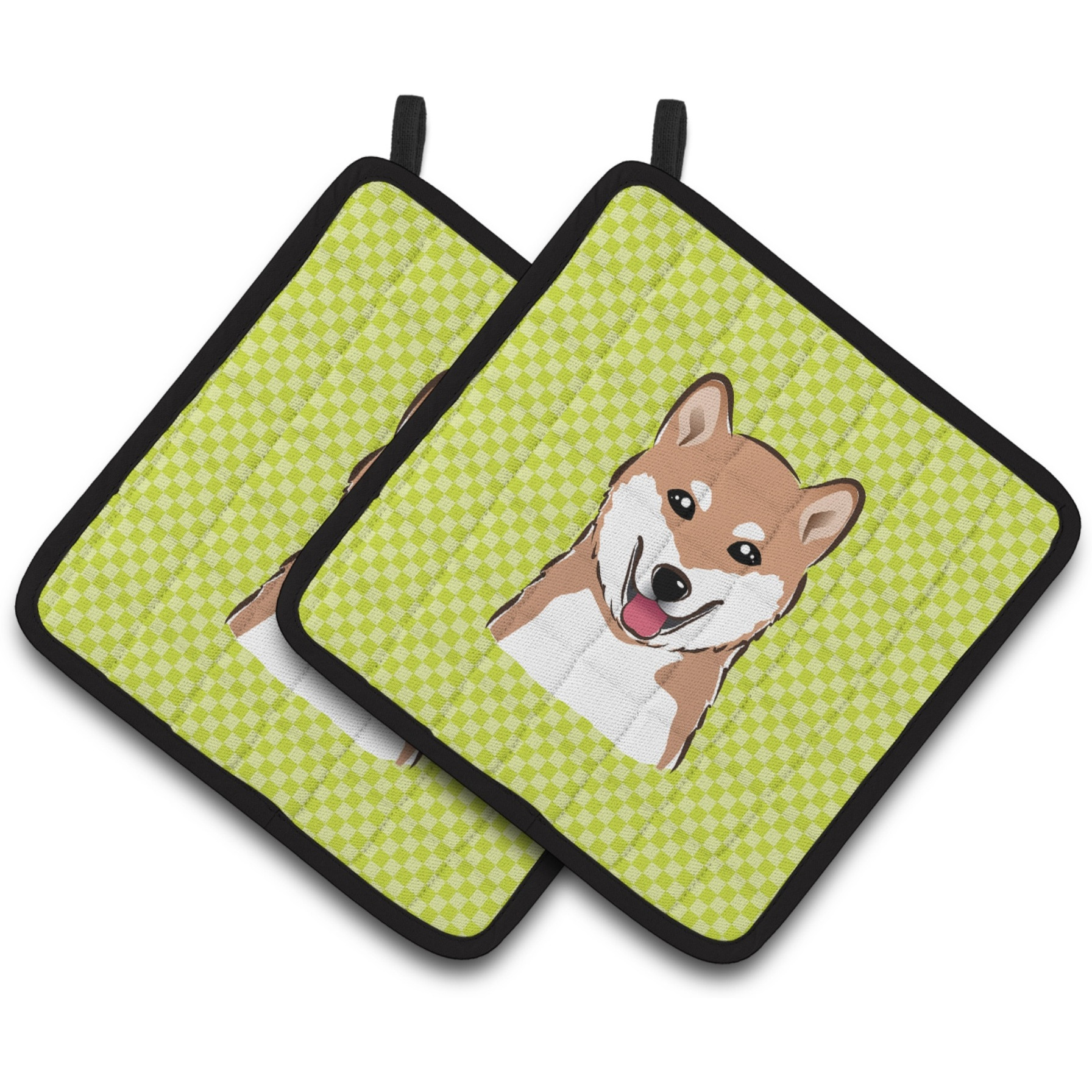 &quotCaroline's Treasures Checkerboard Lime green Shiba Inu Pair of Pot Holders BB1287PTHD, 7.5HX7.5W, Multicolor"