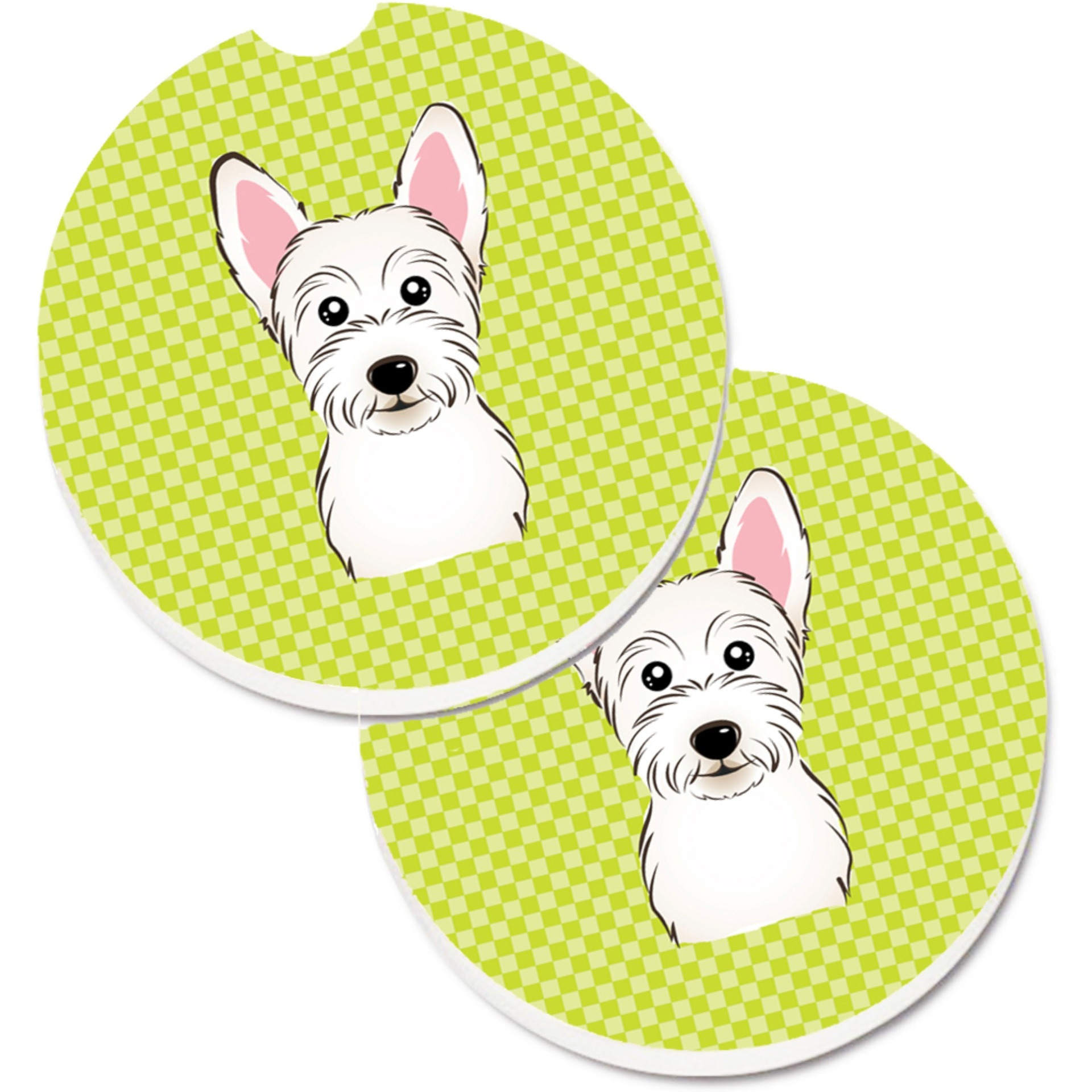 &quotCaroline's Treasures Checkerboard Lime green Westie Set of 2 Cup Holder Car Coasters BB1288CARC, 2.56, Multicolor"