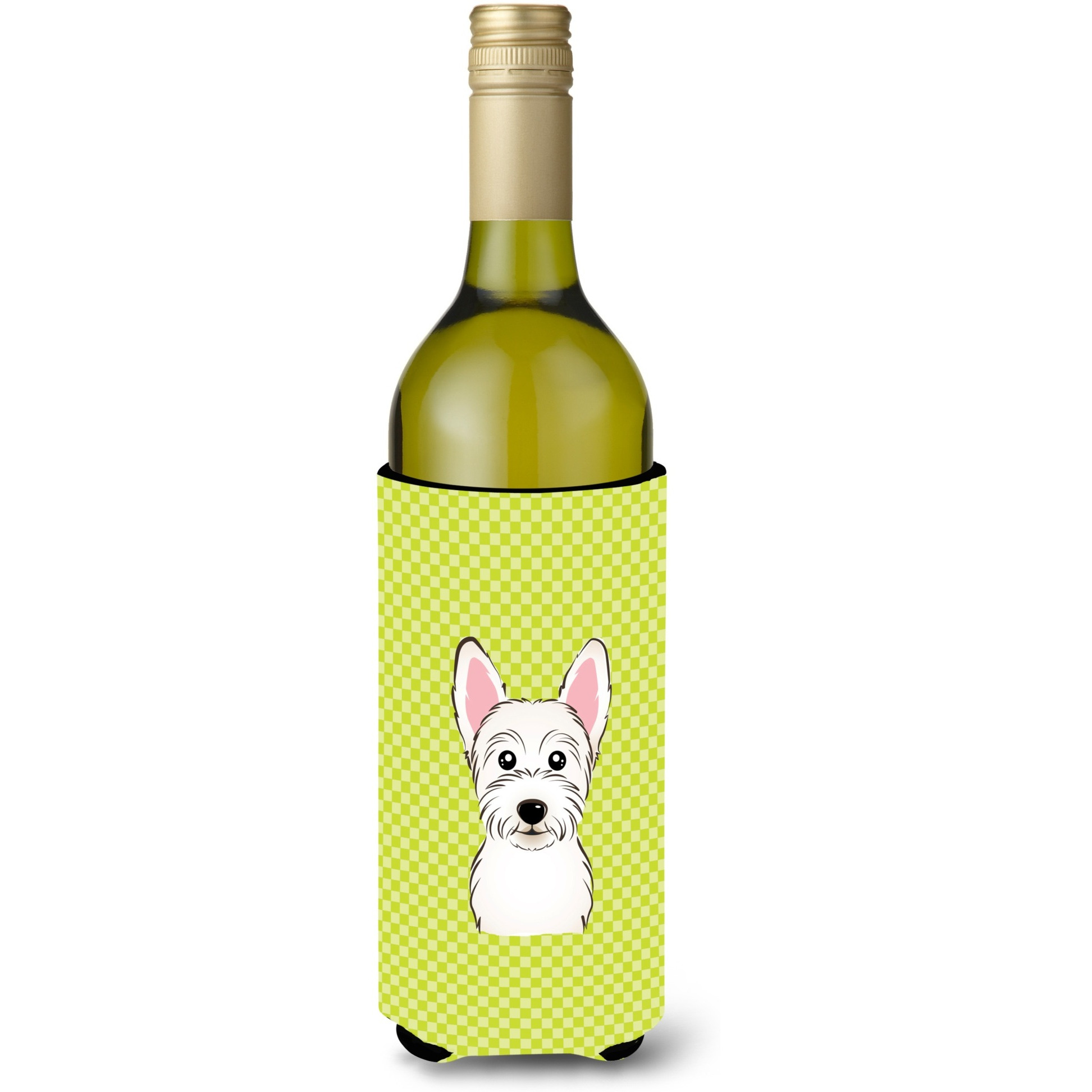 Checkerboard Lime Green Westie Wine Bottle Beverage Insulator Hugger BB1288LITERK