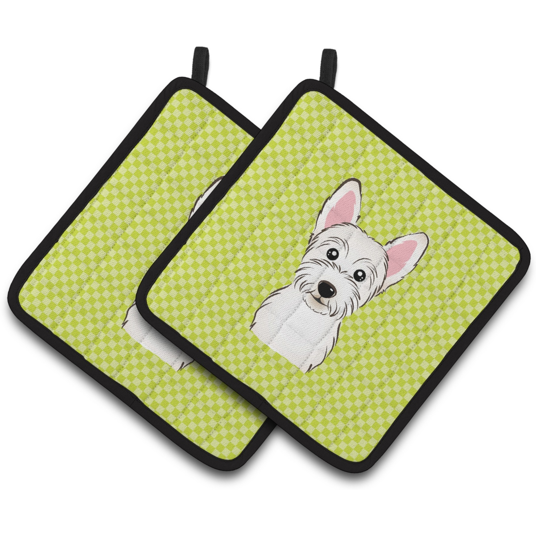 &quotCaroline's Treasures Checkerboard Lime green Westie Pair of Pot Holders BB1288PTHD, 7.5HX7.5W, Multicolor"