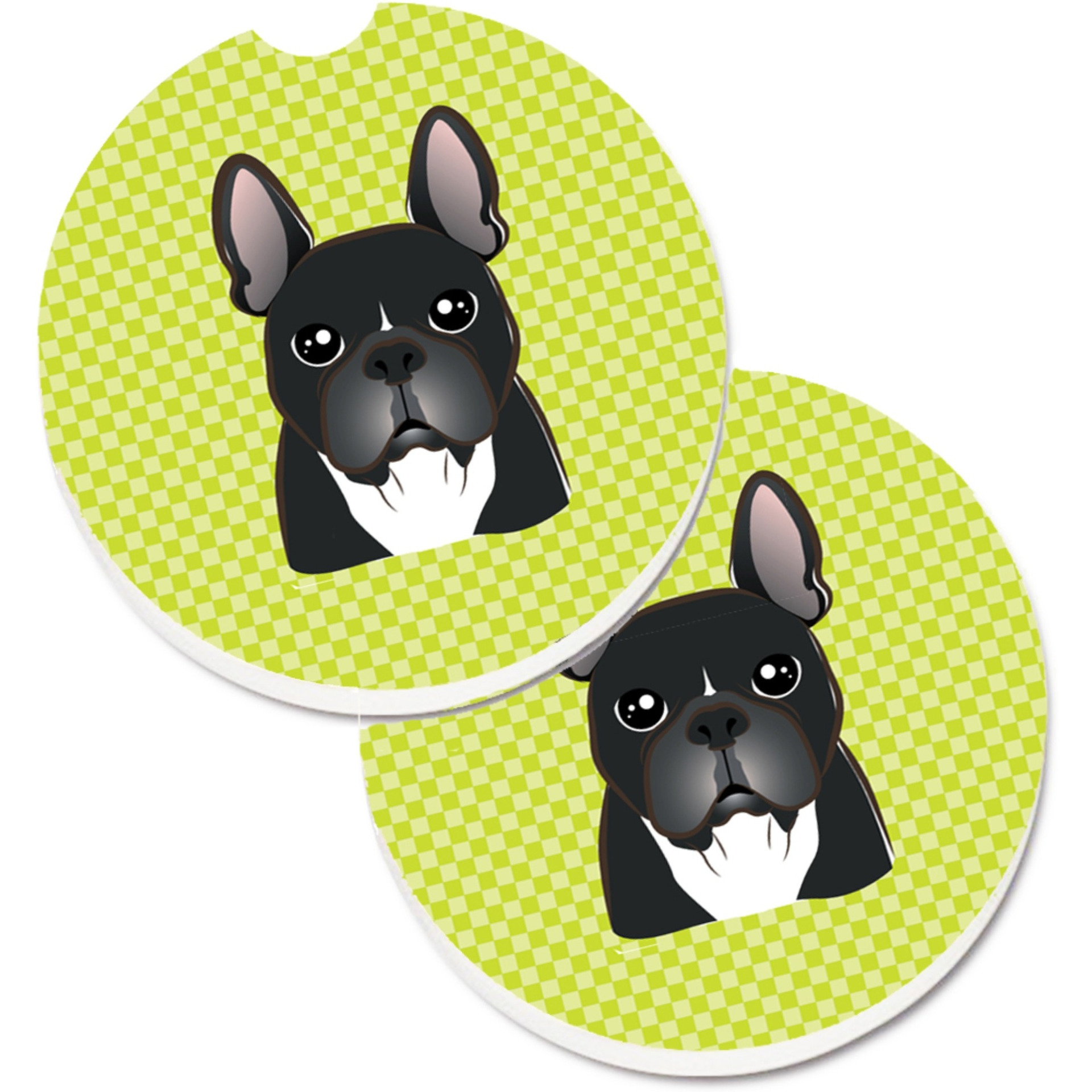 &quotCaroline's Treasures Checkerboard Lime green French Bulldog Set of 2 Cup Holder Car Coasters BB1289CARC, 2.56, Multicolor"
