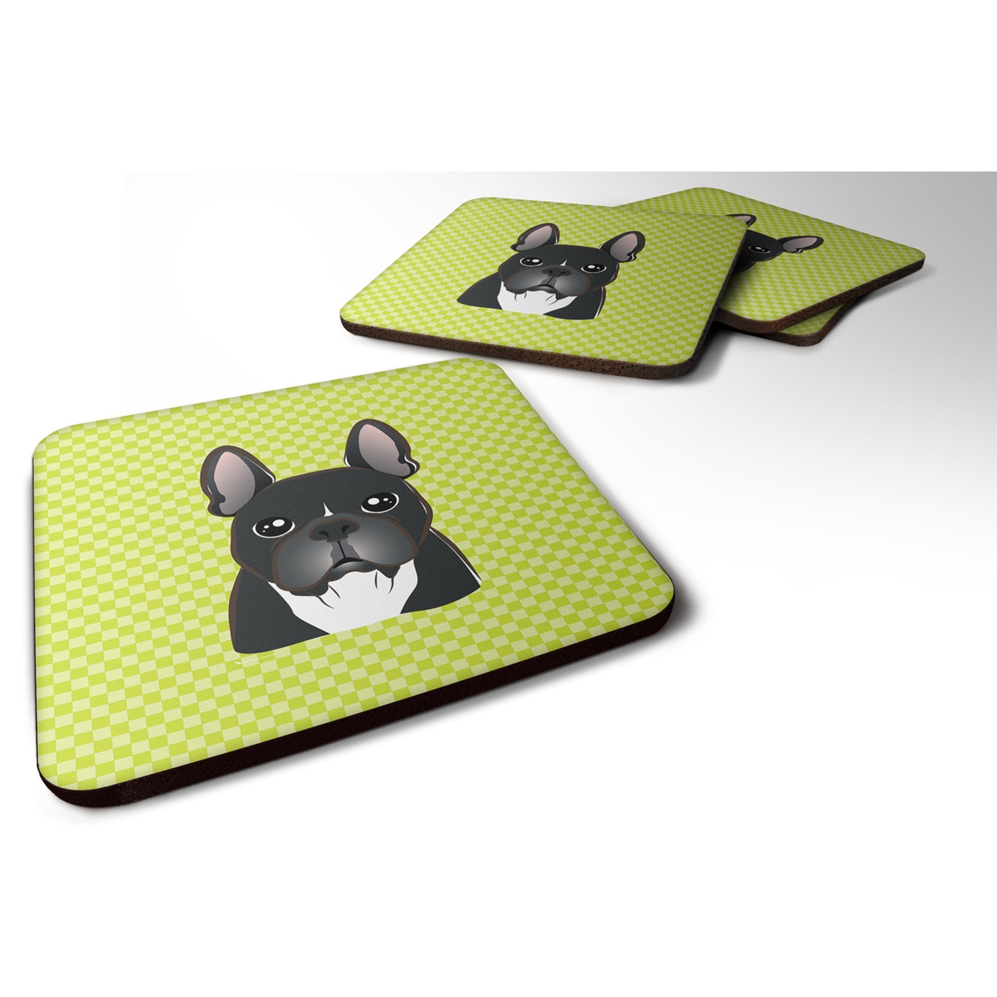 &quotCaroline's Treasures BB1289FC Checkerboard Lime Green French Bulldog Foam Coaster (Set of 4), 3.5"" H x 3.5"" W, Multicolor"