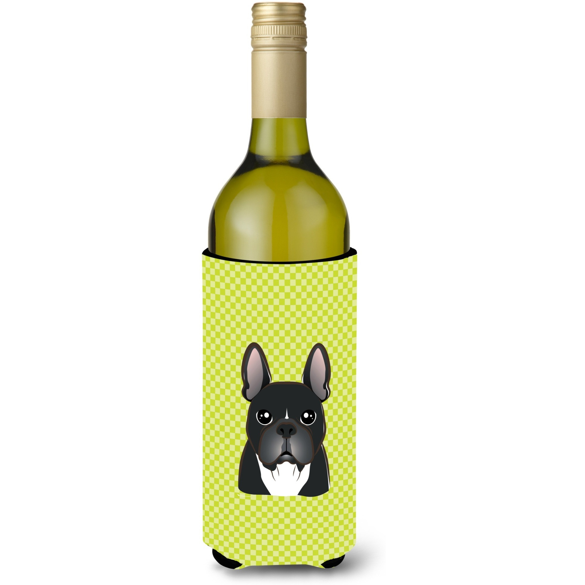 Checkerboard Lime Green French Bulldog Wine Bottle Beverage Insulator Hugger BB1289LITERK