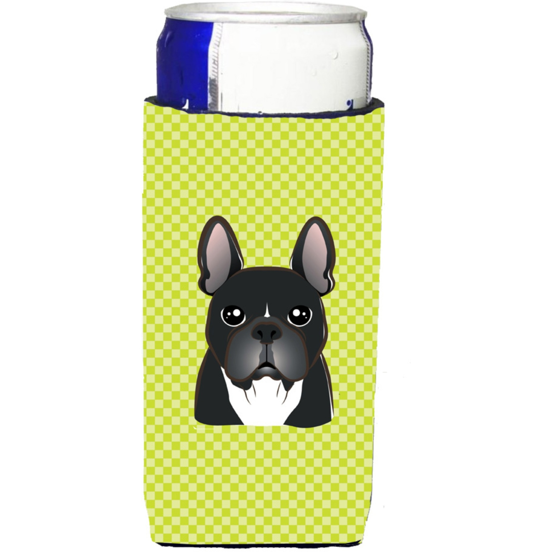 Checkerboard Lime Green French Bulldog Ultra Beverage Insulators for slim cans
