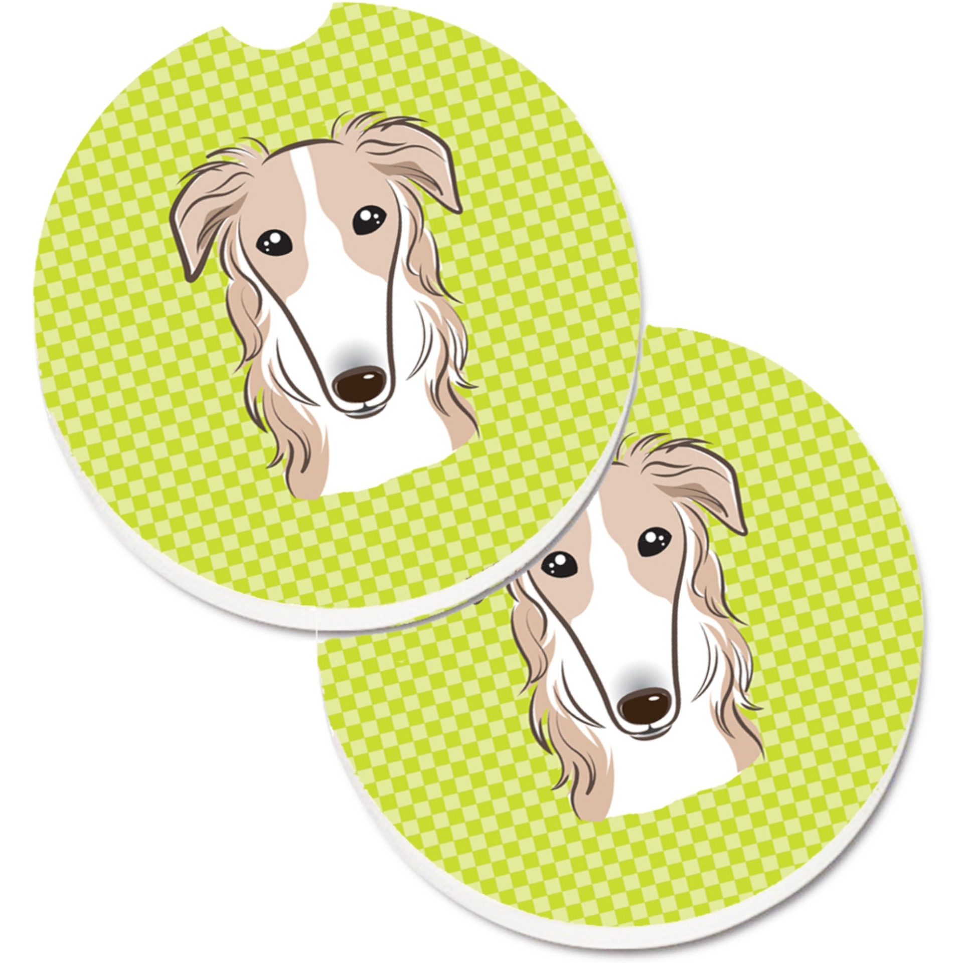 &quotCaroline's Treasures Checkerboard Lime green Borzoi Set of 2 Cup Holder Car Coasters BB1290CARC, 2.56, Multicolor"