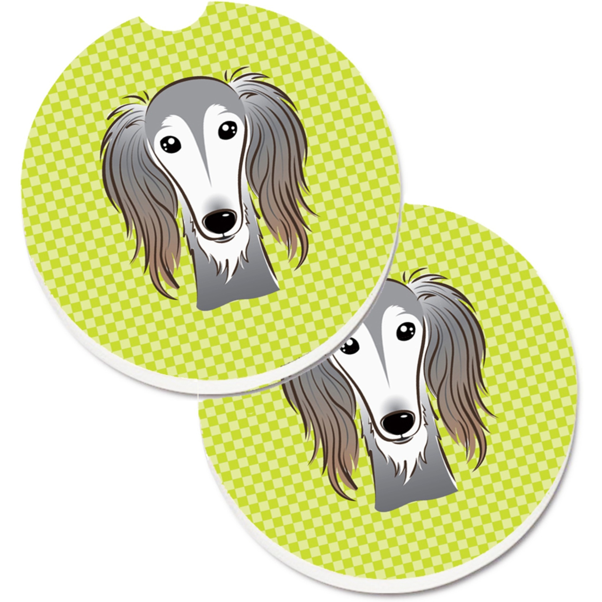 &quotCaroline's Treasures Checkerboard Lime green Saluki Set of 2 Cup Holder Car Coasters BB1291CARC, 2.56, Multicolor"