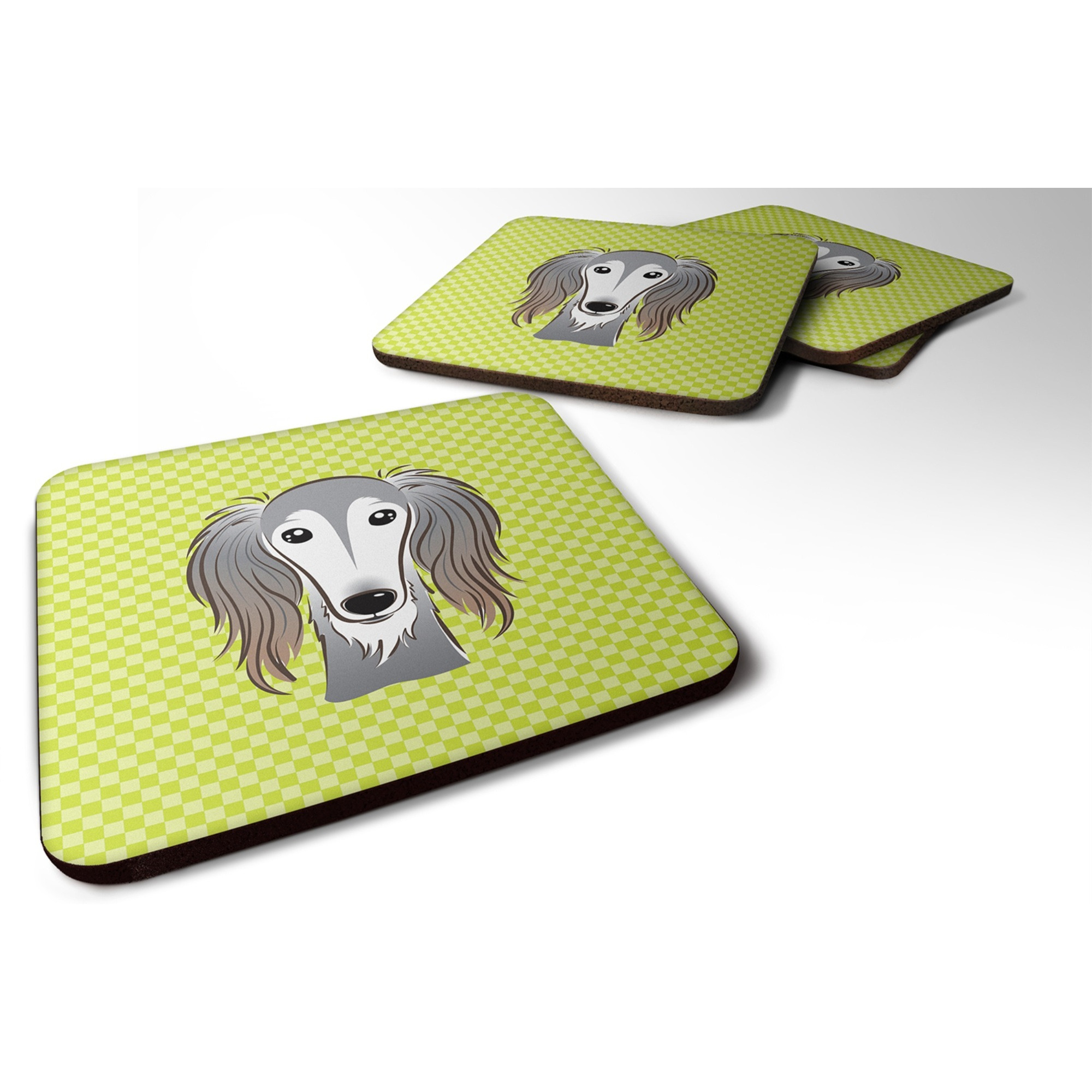 &quotCaroline's Treasures BB1291FC Checkerboard Lime Green Saluki Foam Coaster (Set of 4), 3.5"" H x 3.5"" W, Multicolor"