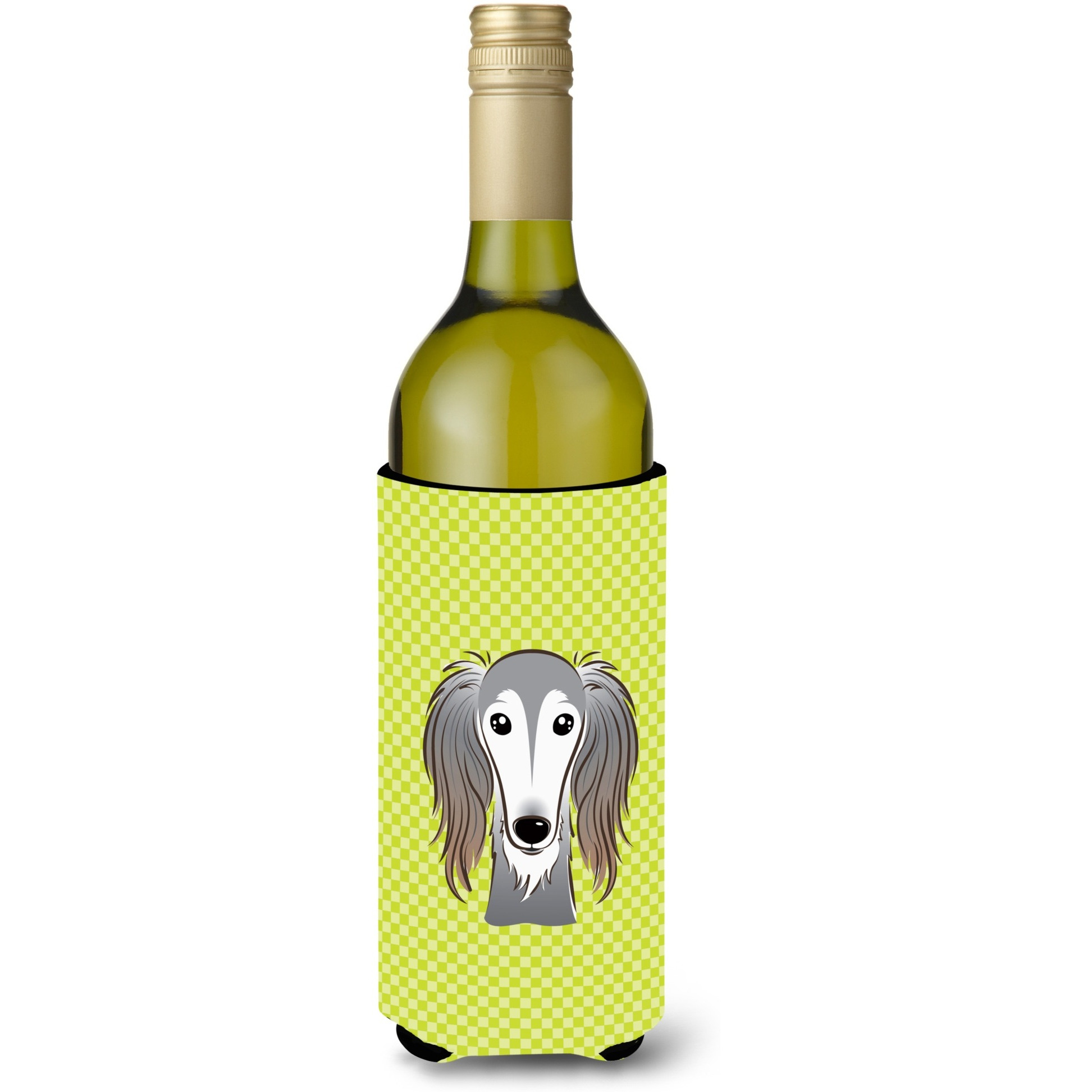 Checkerboard Lime Green Saluki Wine Bottle Beverage Insulator Hugger BB1291LITERK