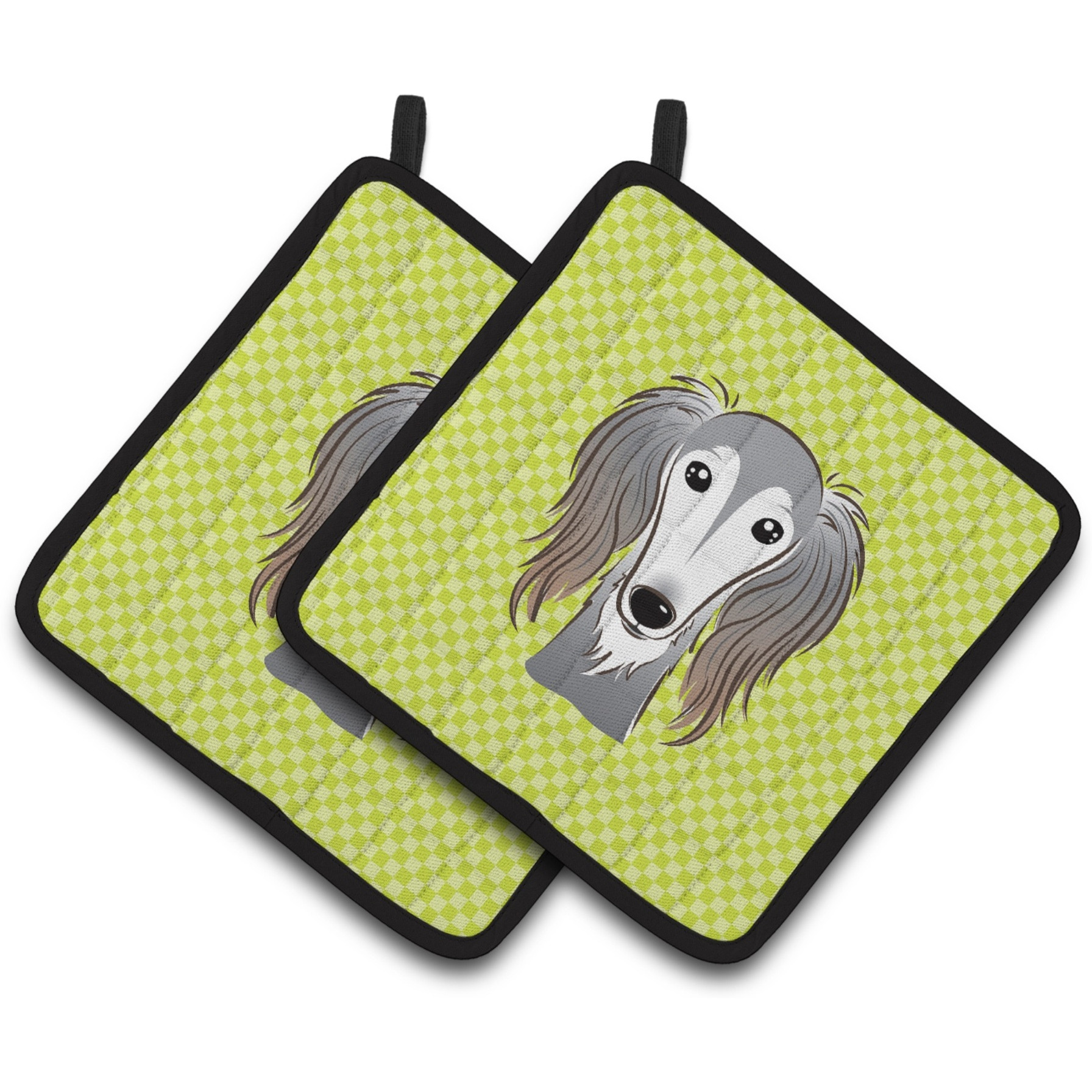 &quotCaroline's Treasures Checkerboard Lime green Saluki Pair of Pot Holders BB1291PTHD, 7.5HX7.5W, Multicolor"