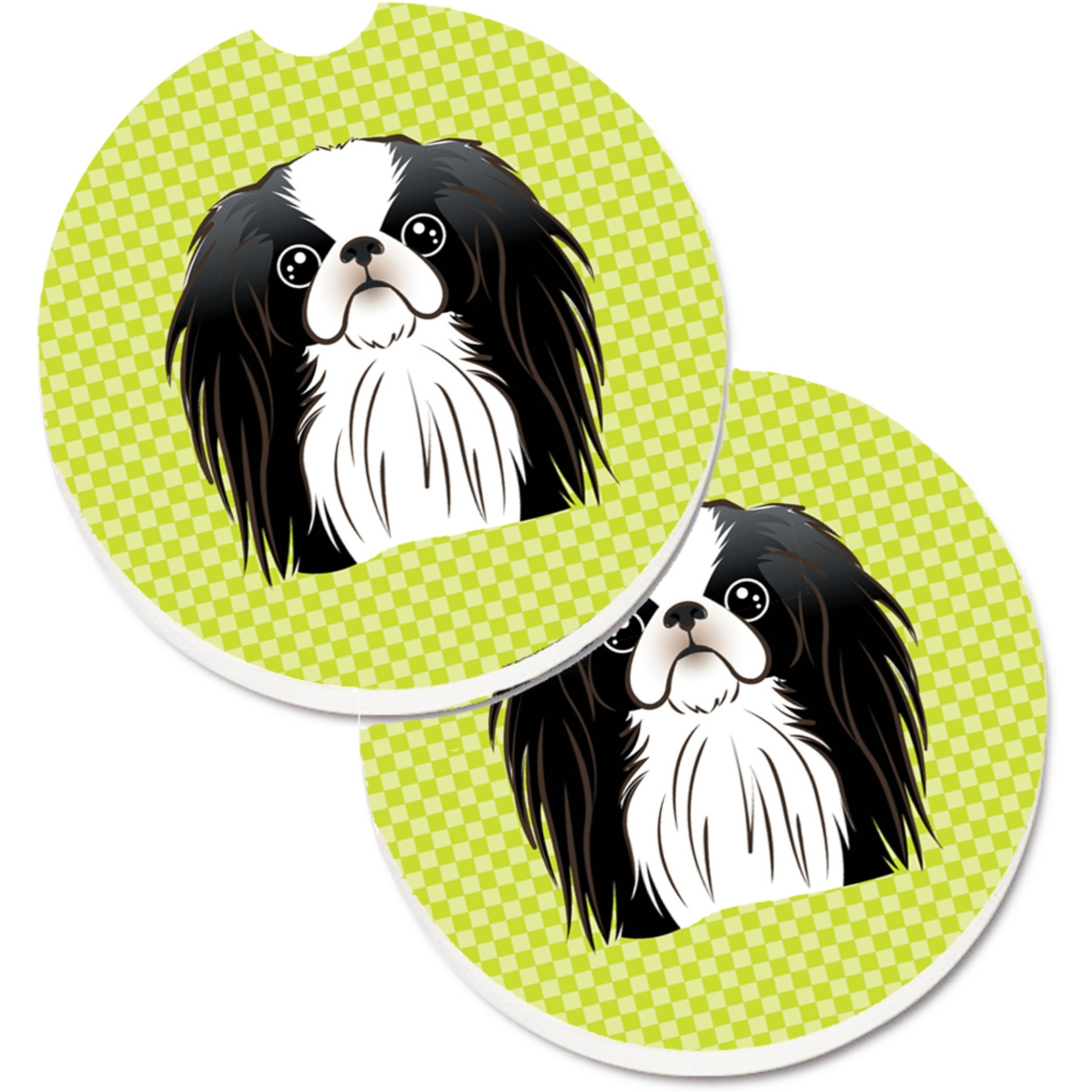 &quotCaroline's Treasures Checkerboard Lime green Japanese Chin Set of 2 Cup Holder Car Coasters BB1292CARC, 2.56, Multicolor"
