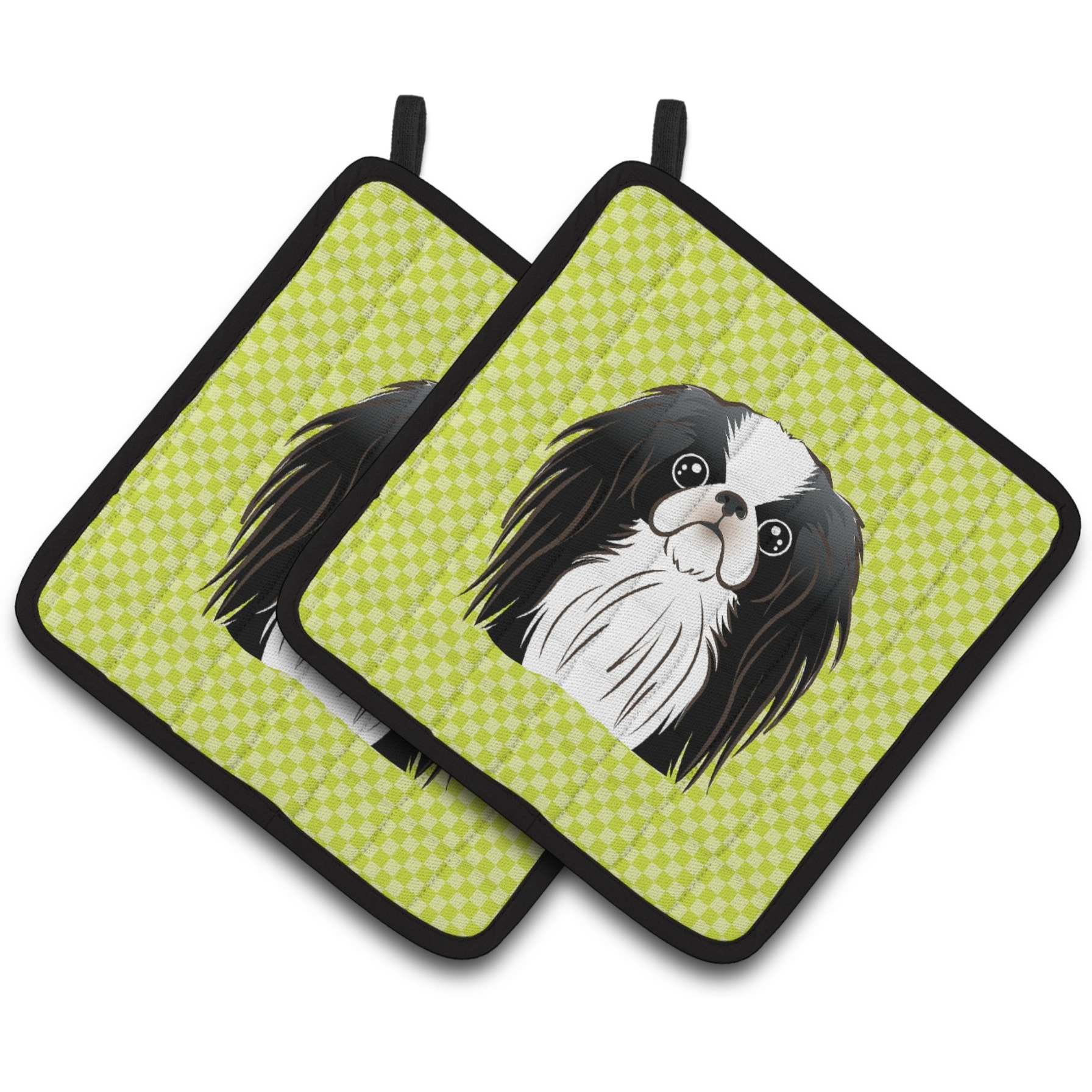 &quotCaroline's Treasures Checkerboard Lime green Japanese Chin Pair of Pot Holders BB1292PTHD, 7.5HX7.5W, Multicolor"