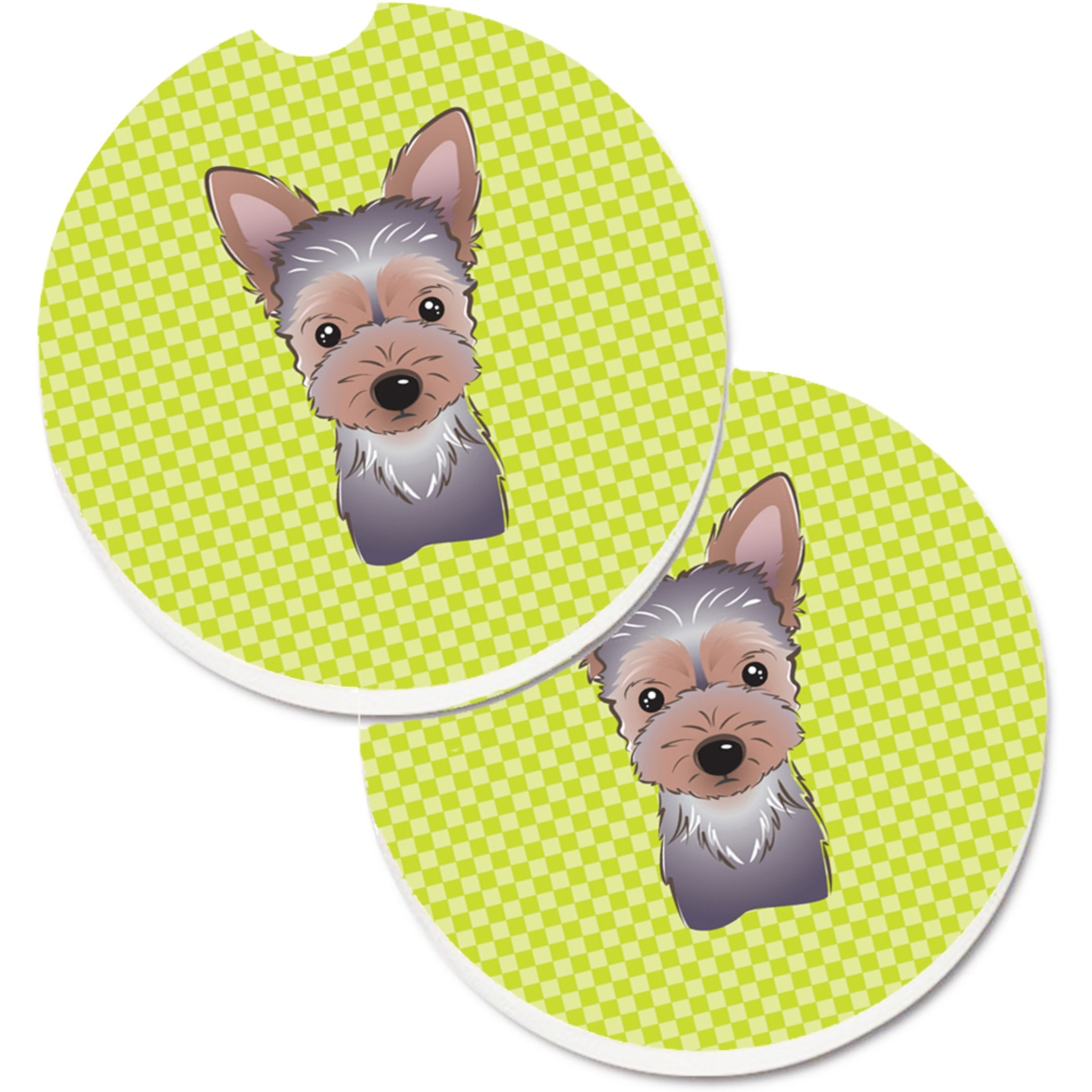 &quotCaroline's Treasures Checkerboard Lime green Yorkie Puppy Set of 2 Cup Holder Car Coasters BB1294CARC, 2.56, Multicolor"