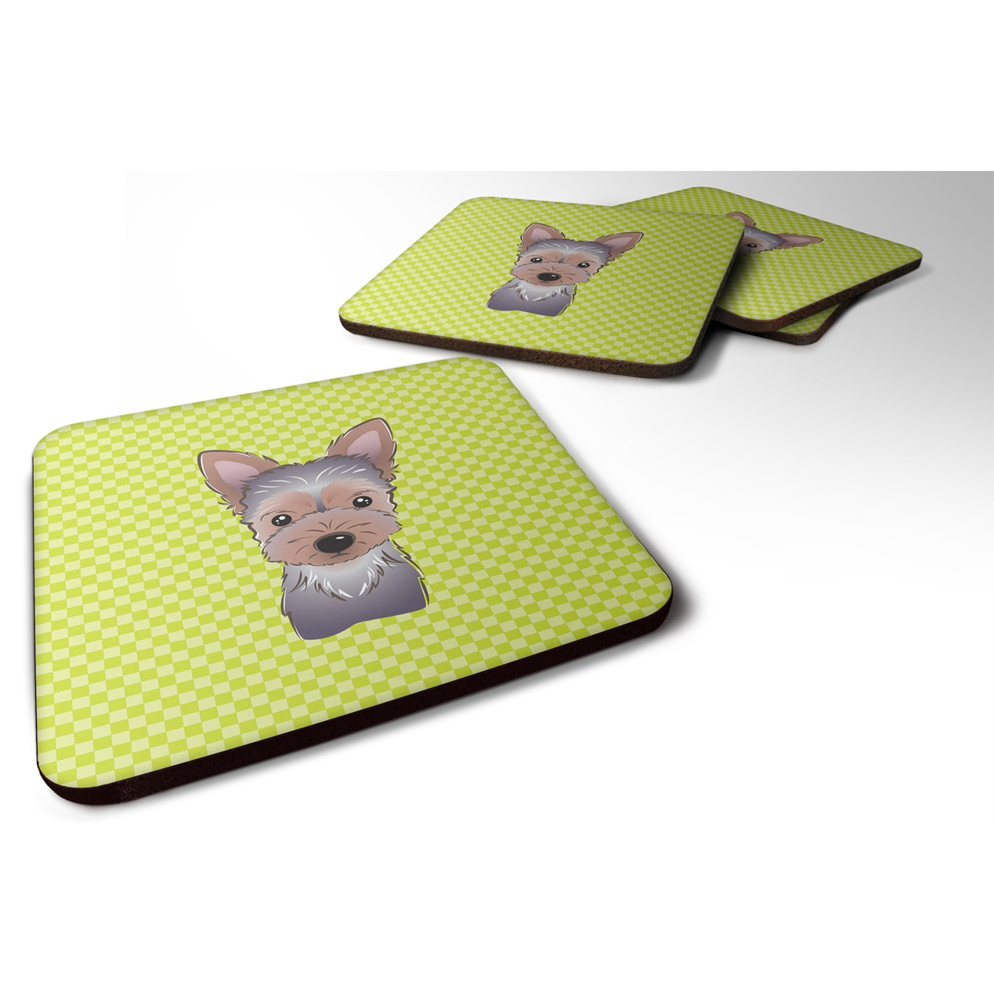 &quotCaroline's Treasures BB1294FC Checkerboard Lime Green Yorkie Puppy Foam Coaster (Set of 4), 3.5"" H x 3.5"" W, Multicolor"