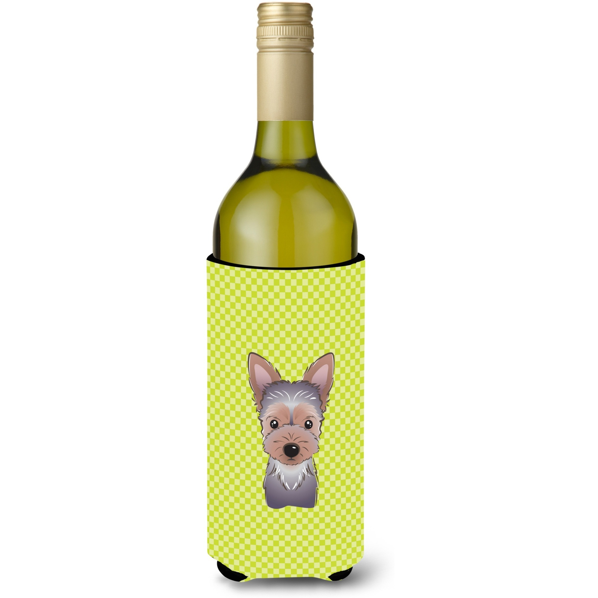 Checkerboard Lime Green Yorkie Puppy Wine Bottle Beverage Insulator Hugger BB1294LITERK