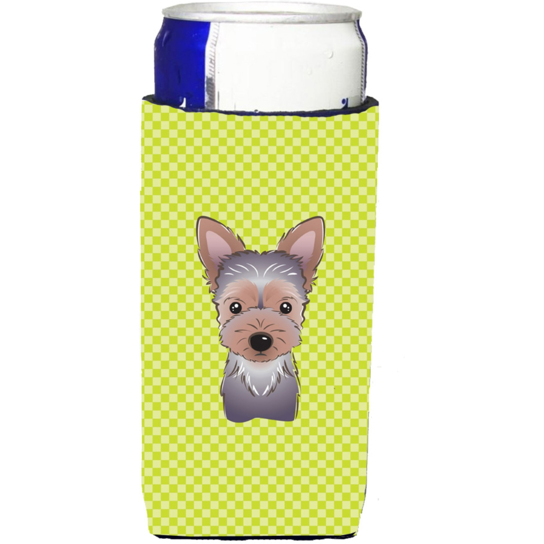 Checkerboard Lime Green Yorkie Puppy Ultra Beverage Insulators for slim cans