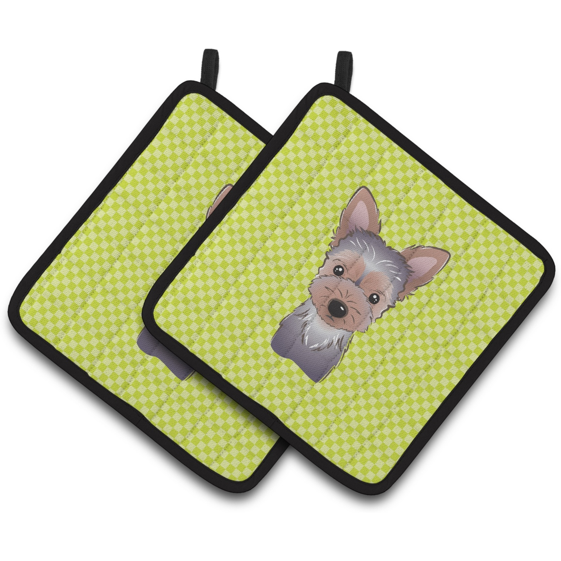 &quotCaroline's Treasures Checkerboard Lime green Yorkie Puppy Pair of Pot Holders BB1294PTHD, 7.5HX7.5W, Multicolor"