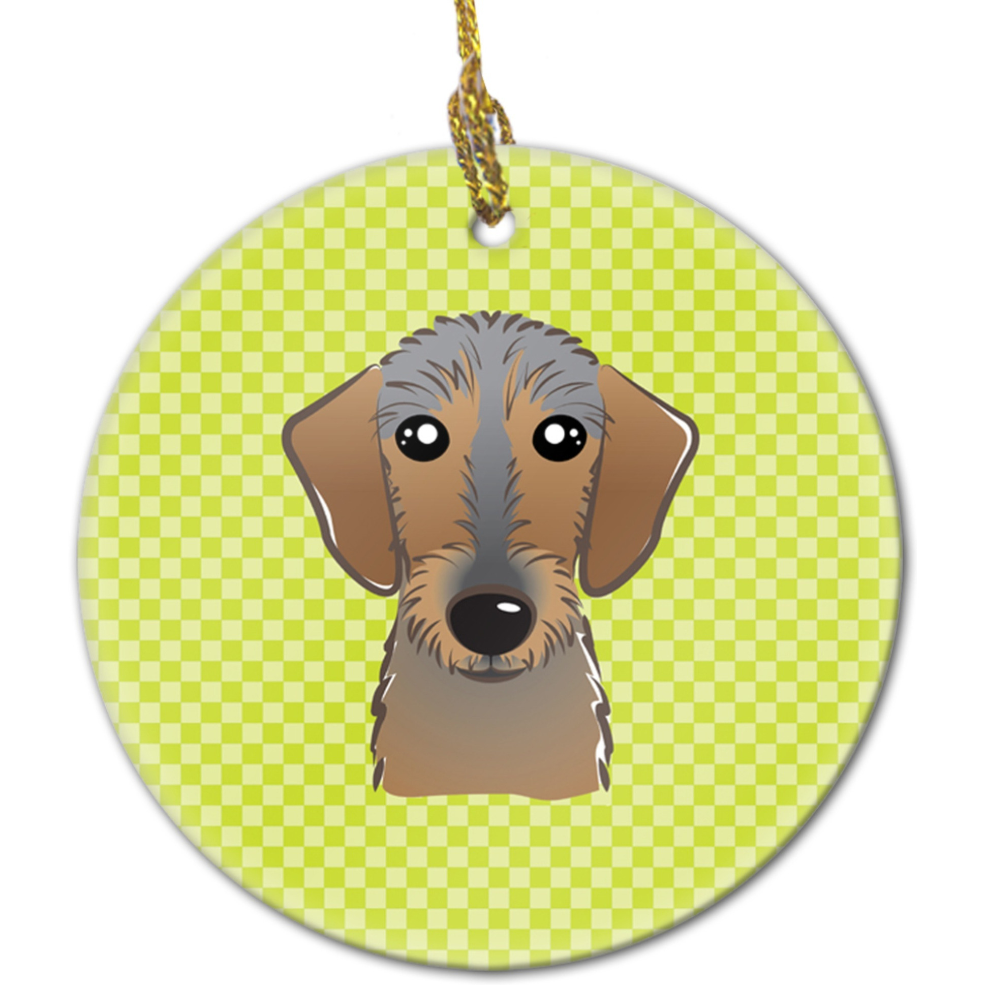 Checkerboard Lime Green Wirehaired Dachshund Ceramic Ornament BB1295CO1