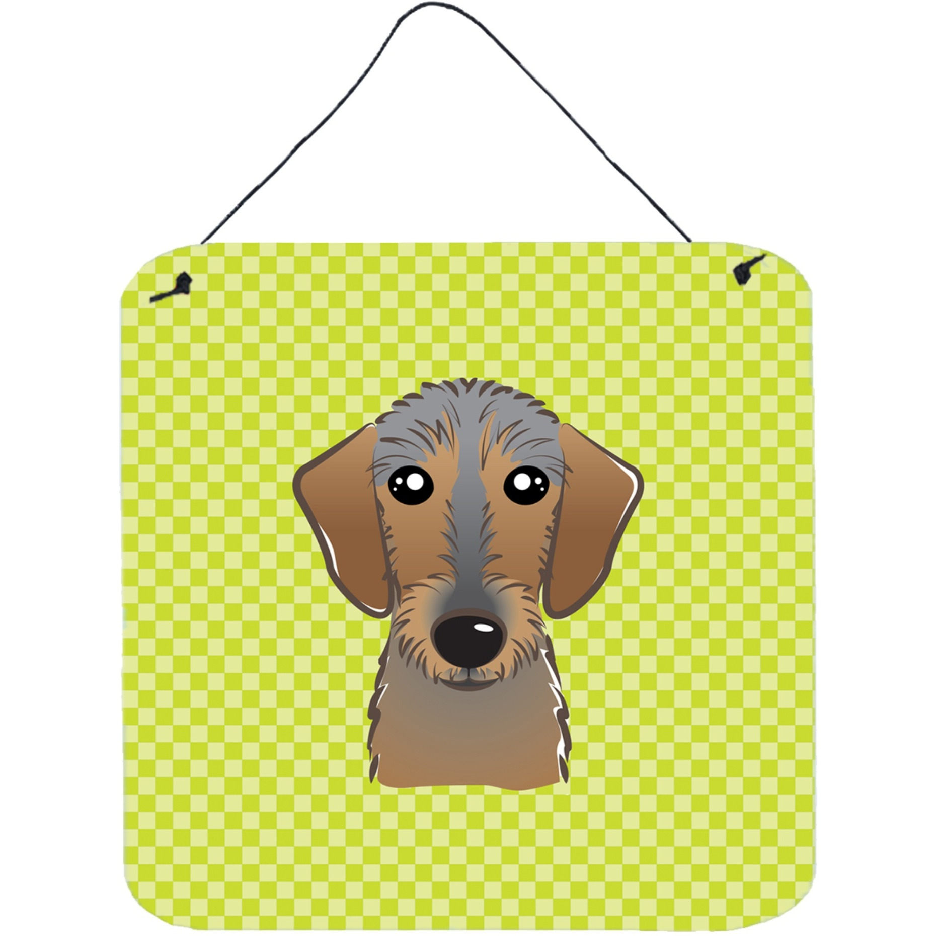 &quotCaroline's Treasures Checkerboard Lime Green Wirehaired Dachshund Wall or Door Hanging Prints, 6 x 6"""