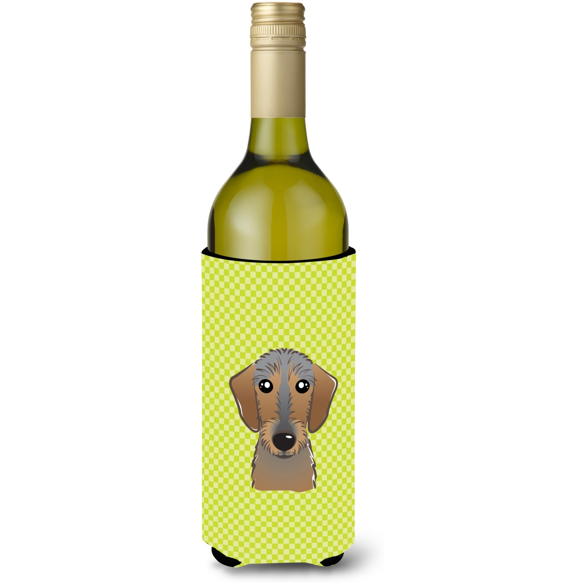Checkerboard Lime Green Wirehaired Dachshund Wine Bottle Beverage Insulator Hugger
