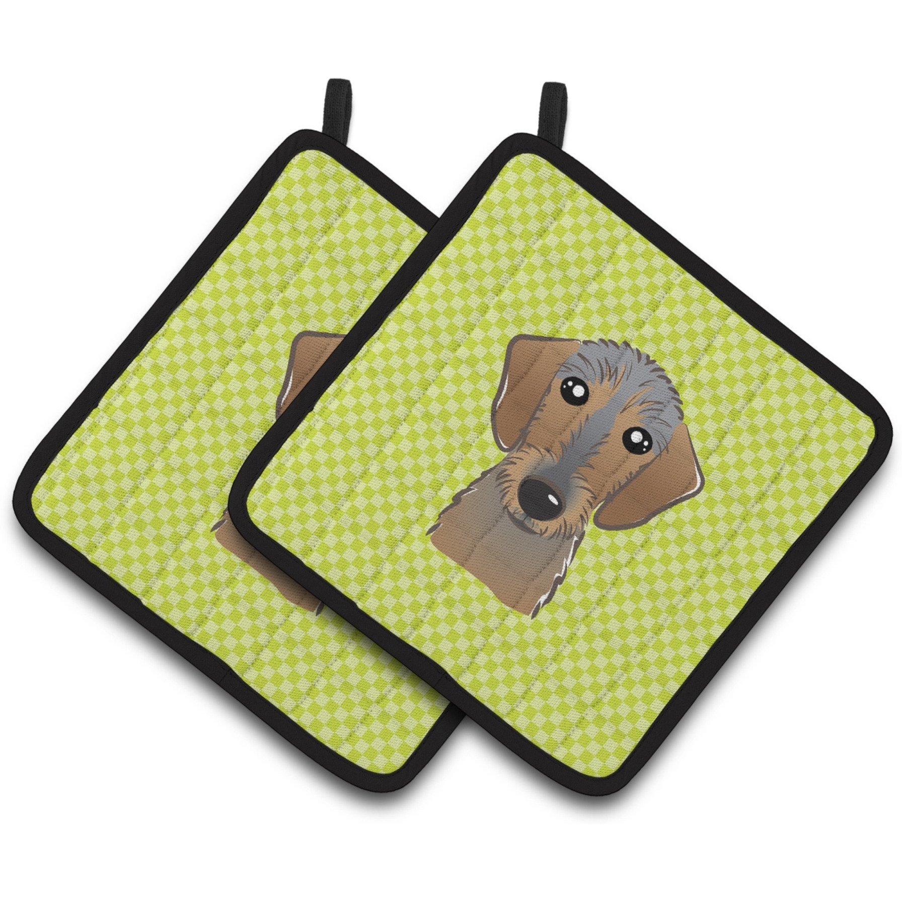&quotCaroline's Treasures Checkerboard Lime green Wirehaired Dachshund Pair of Pot Holders BB1295PTHD, 7.5HX7.5W, Multicolor"