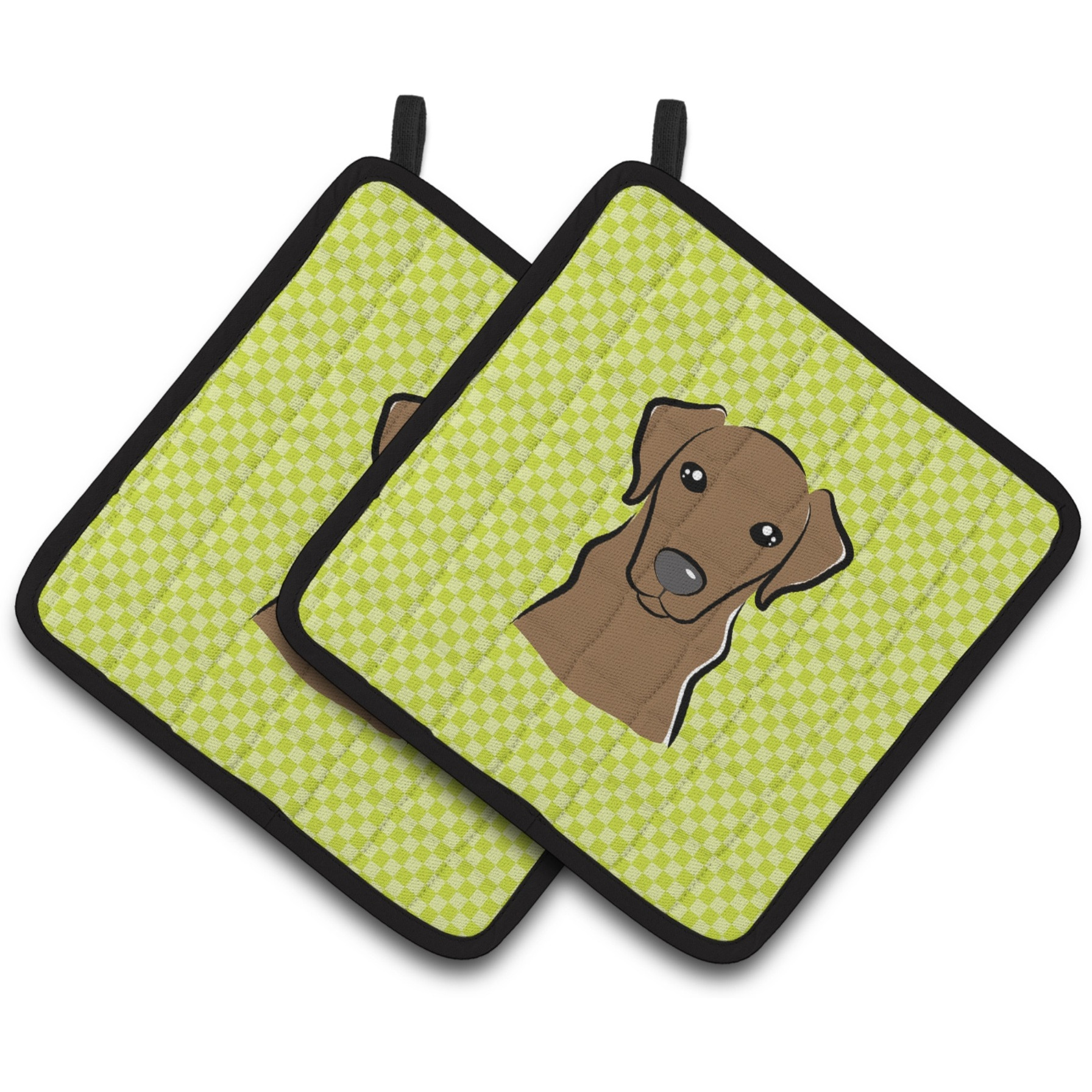 &quotCaroline's Treasures Checkerboard Lime green Chocolate Labrador Pair of Pot Holders BB1296PTHD, 7.5HX7.5W, Multicolor"